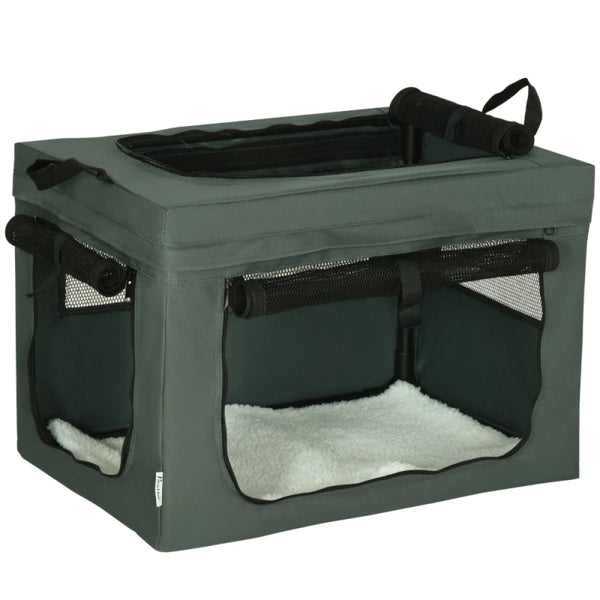 60cm Soft Sided Pet Carrier with Cushion 3 Doors Collapsible Travel Crate for Cats and Miniature Dogs Grey