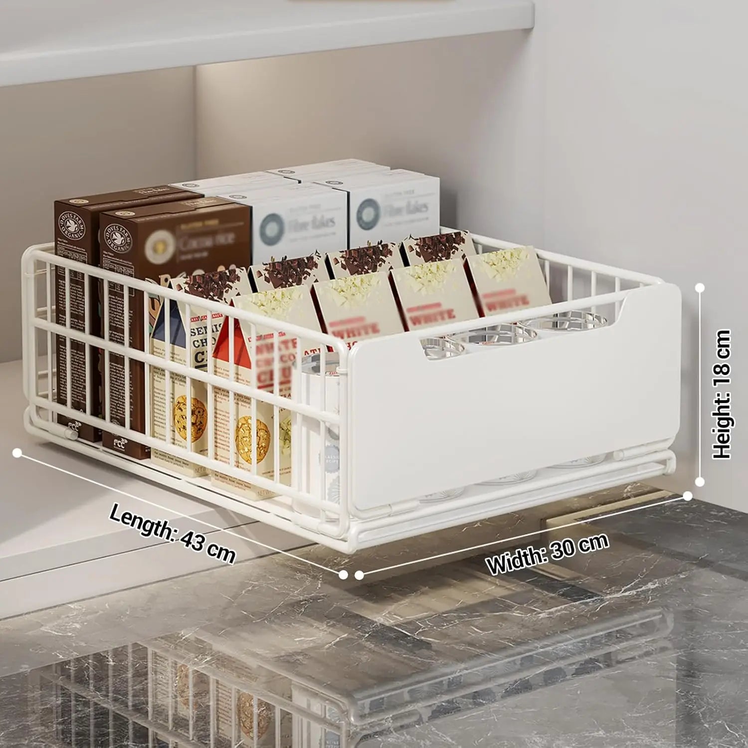 Pull Out Cabinet Organiser Foldable Sliding Drawer Basket with Handle Adhesive Kitchen Storage