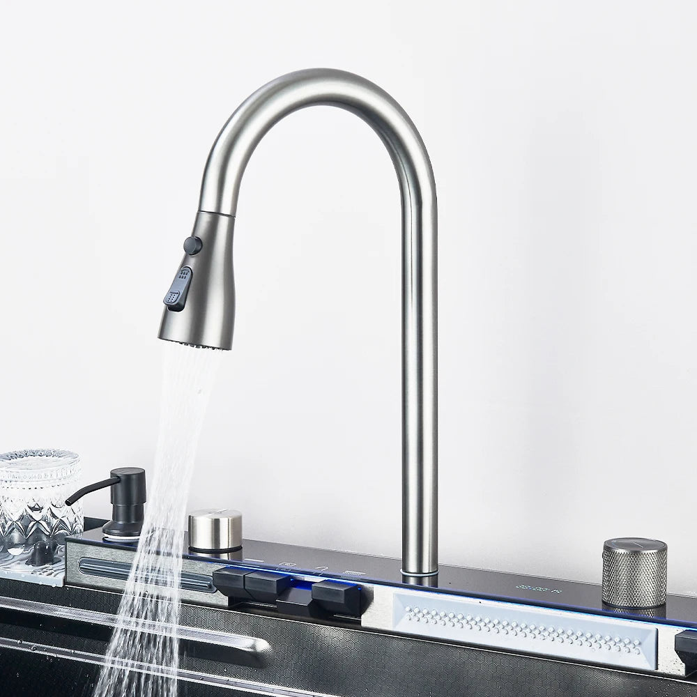 304 Stainless Steel Waterfall Kitchen Sink with Digital Display & Touch Faucet – Double Bowl