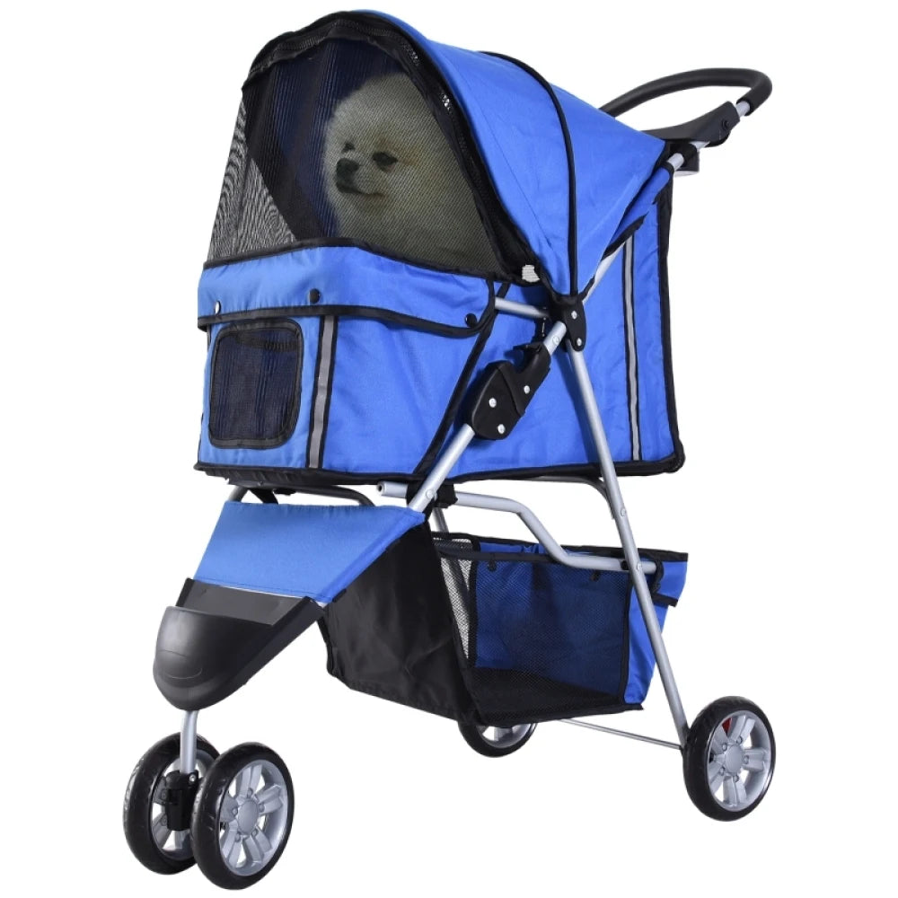 PINGGO Dog Stroller 3 Wheel Foldable Pram with Cup Holder Storage Basket for Small Miniature Dogs Blue