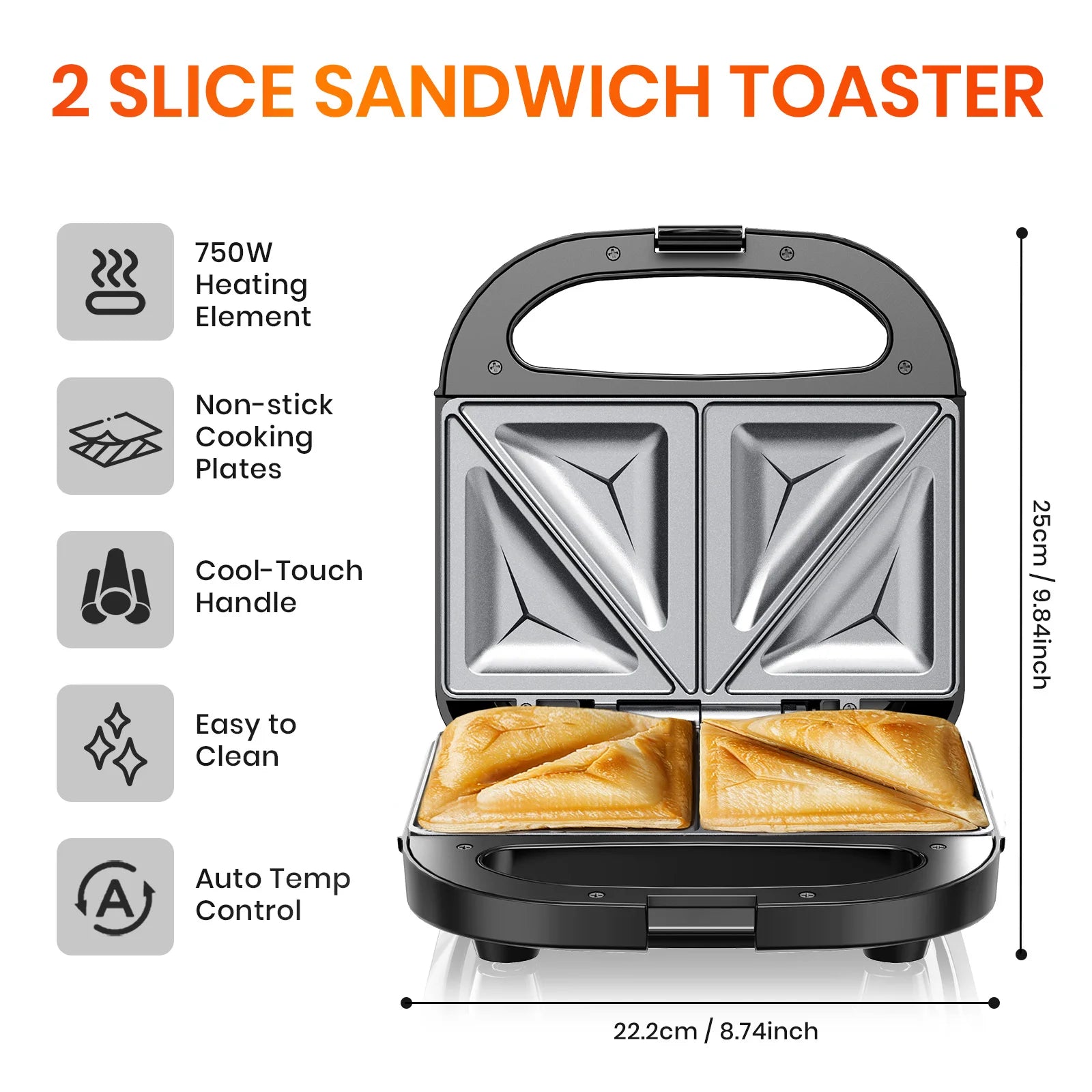750W Stainless Steel Sandwich Maker with Non-Stick Plates Cool Touch Handle Waffle Maker and Automatic Temperature Control
