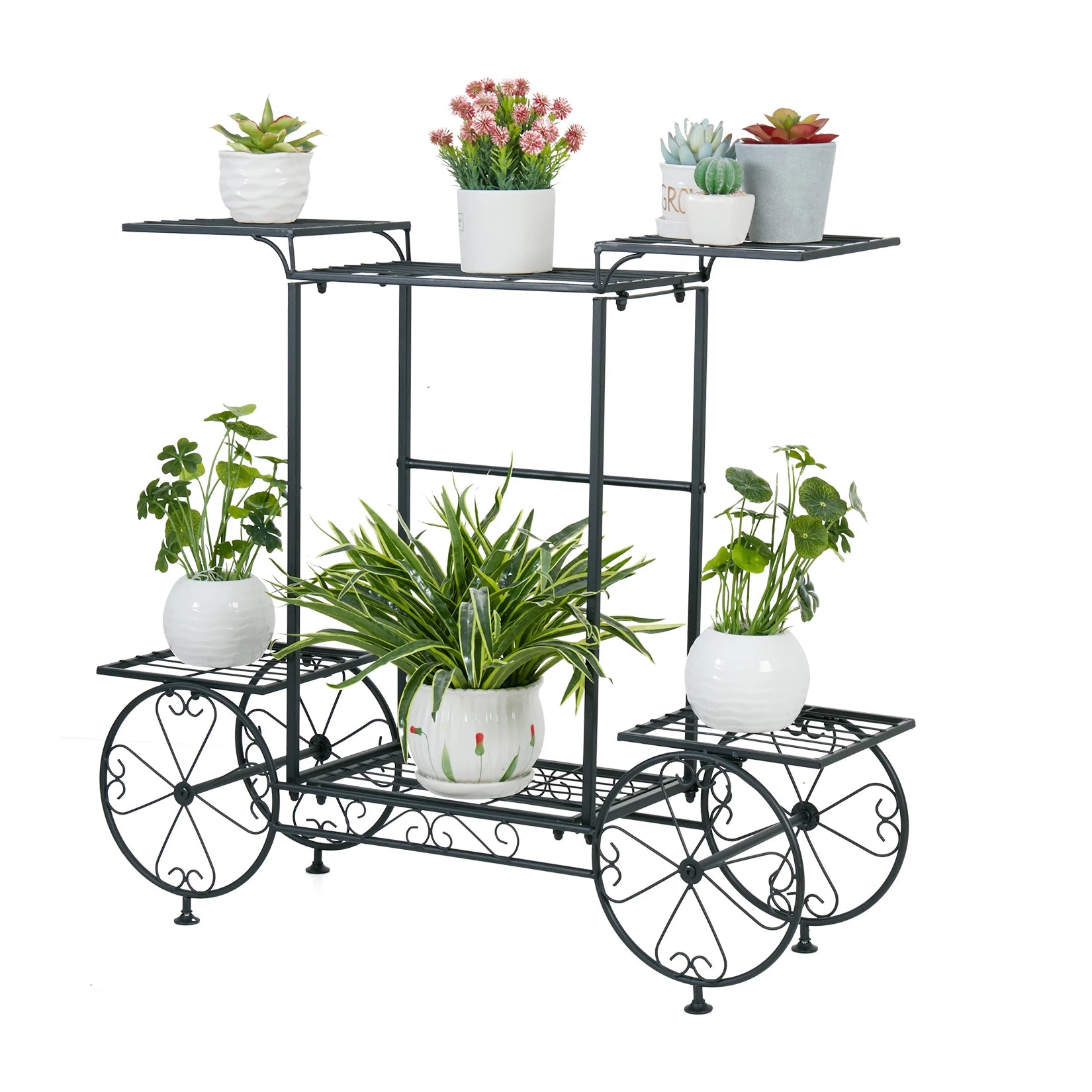 Metal Garden Cart Plant Stand 82x70.5cm Parisian Style 6 Tier Flower Display Rack for Indoor Outdoor Black
