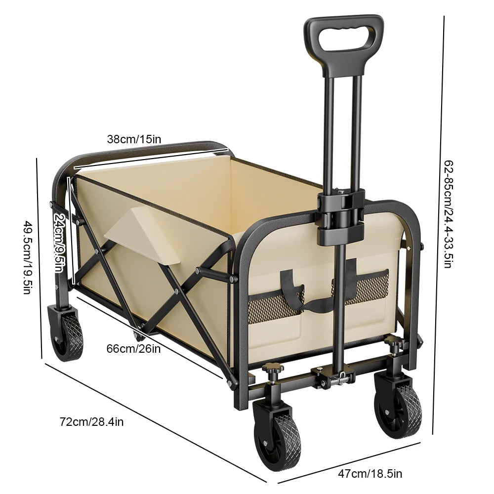Foldable Camping Wagon Cart 100kg All-Terrain 360° Wheels Adjustable Handle Storage Pockets for Garden Shopping