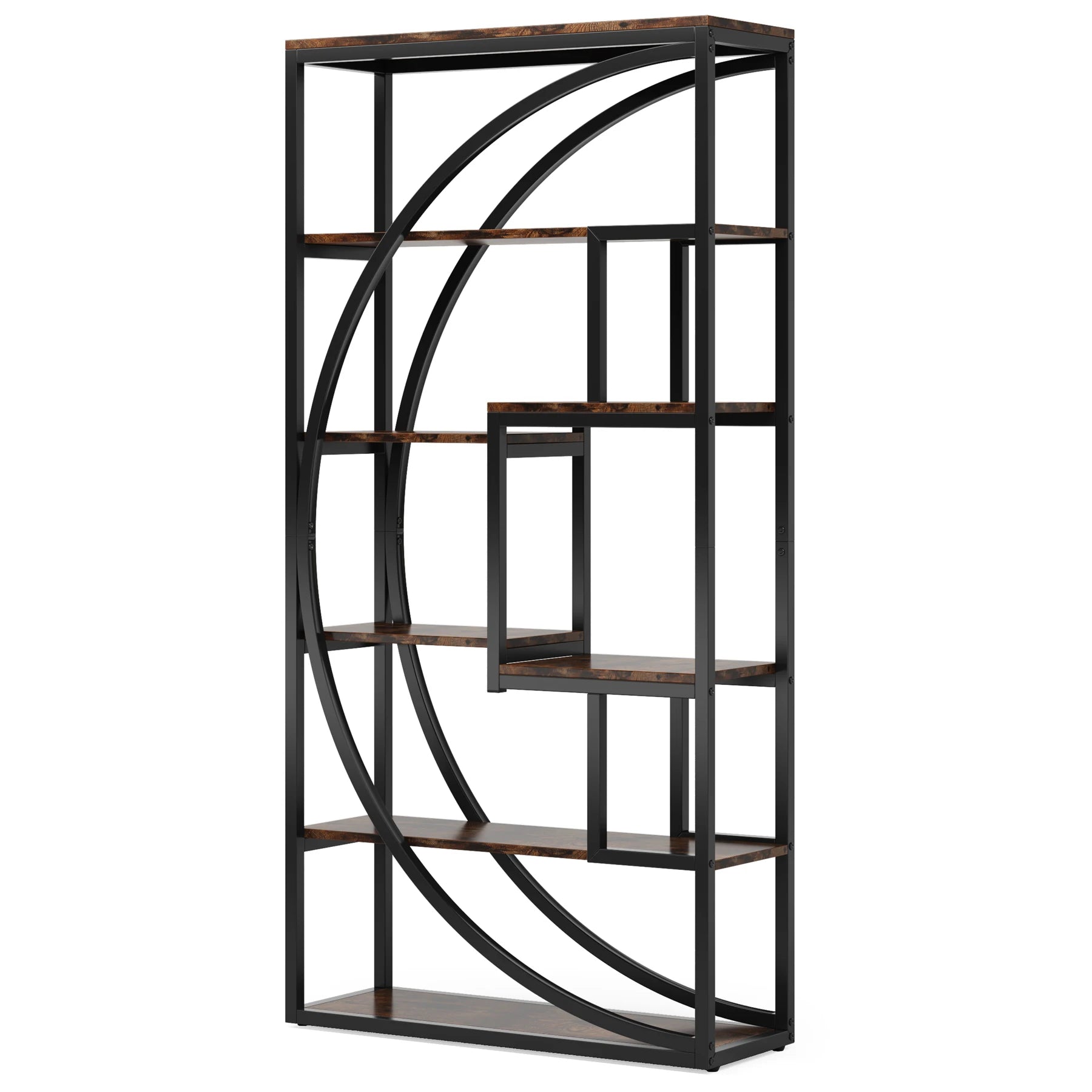 70 Inch 5-Tier Industrial Bookcase with 8 Open Shelves | Vintage Grey and Black Geometric Bookshelf