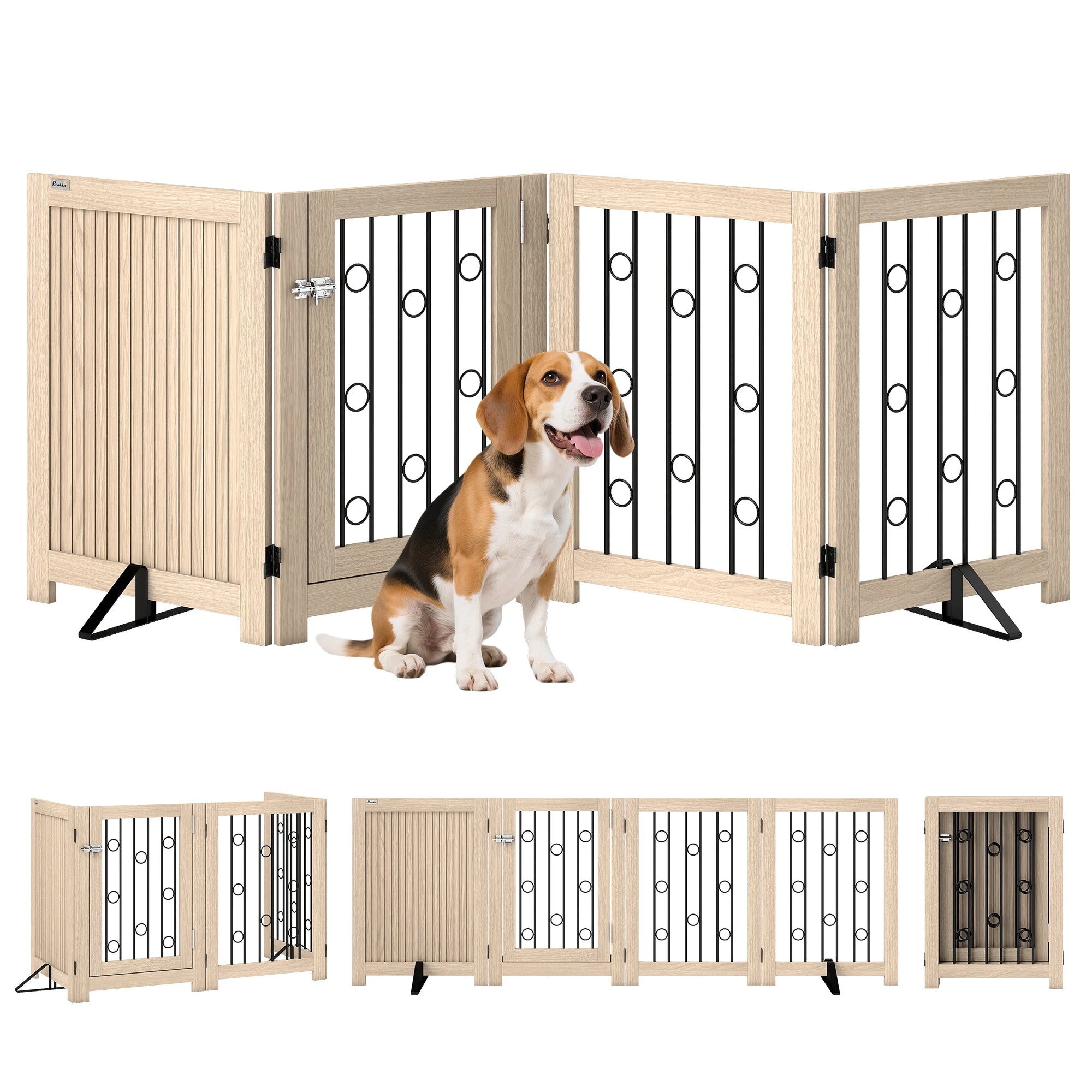 4 Panel Freestanding Pet Gate with Walk-Through Door Foldable Dog Gate for Stairs Doorways and Hallways