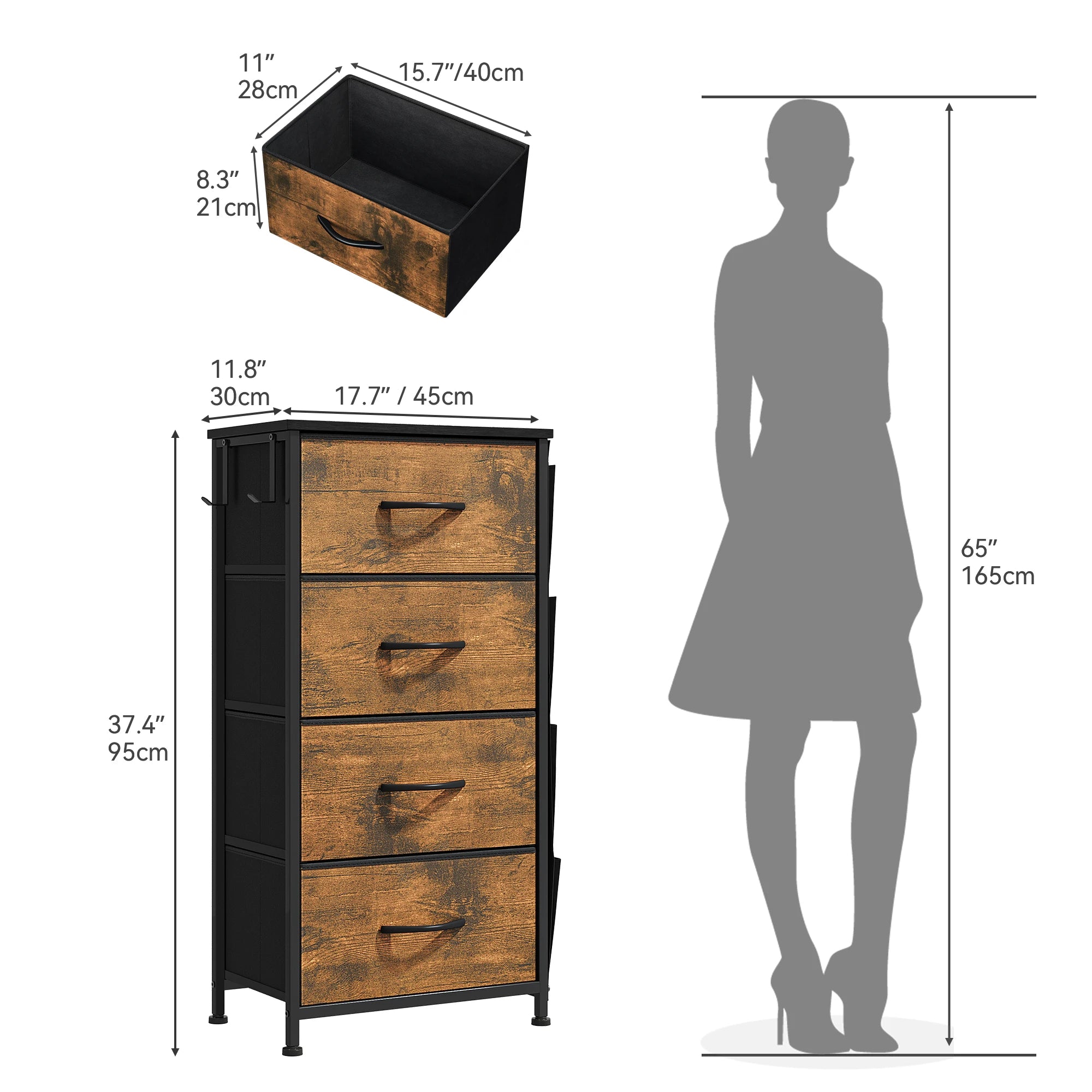 4 Drawer Fabric Dresser with Side Pockets and Hooks Storage Organizer Unit