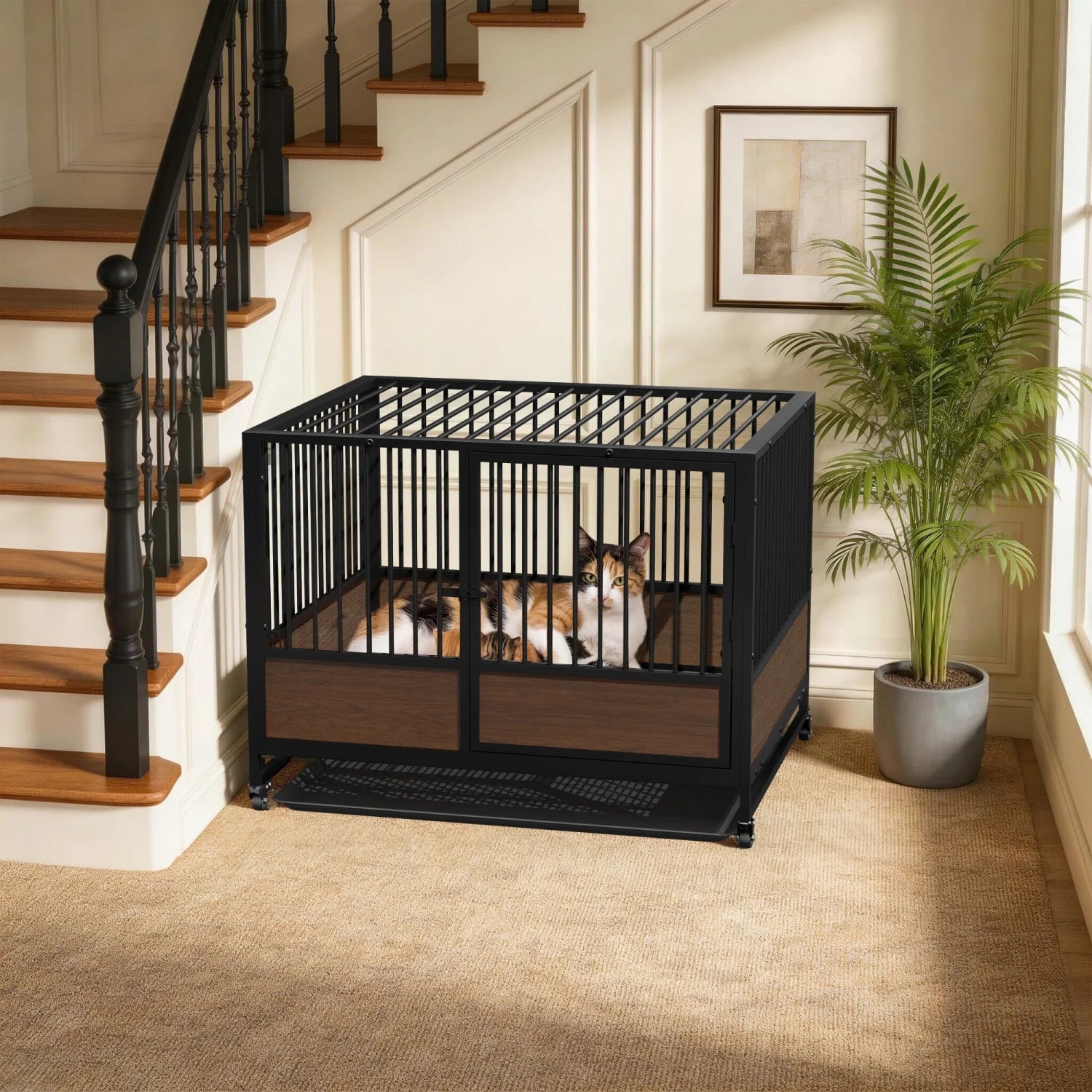 BINGOPAW Heavy Duty Dog Cat Crate Cage Kennel Stackable 2 in 1 Removable Tray Rolling Wheels