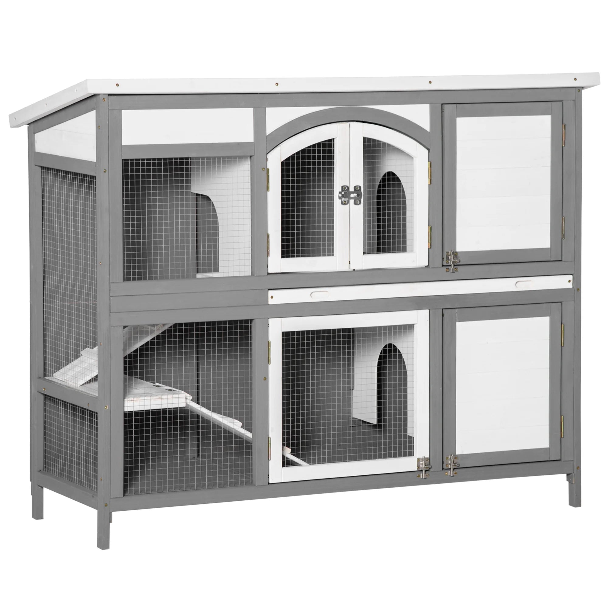 Two Tier Wooden Rabbit Hutch with Openable Roof Slide-Out Tray Two Ramps and Lockable Doors for 2 Rabbits