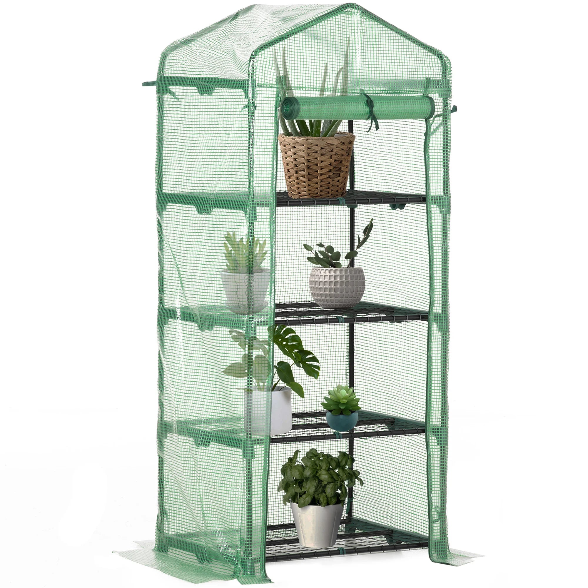 4-Tier Mini Greenhouse with Roll-Up Zipped Door, 140gsm PE Cover and Powder-Coated Steel Frame
