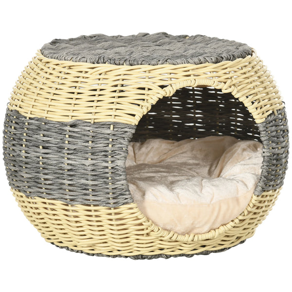 Wicker Cat House 40x30cm Raised 2 Layer Rattan Cat Bed with Washable Velvet Cushion Beige and Grey