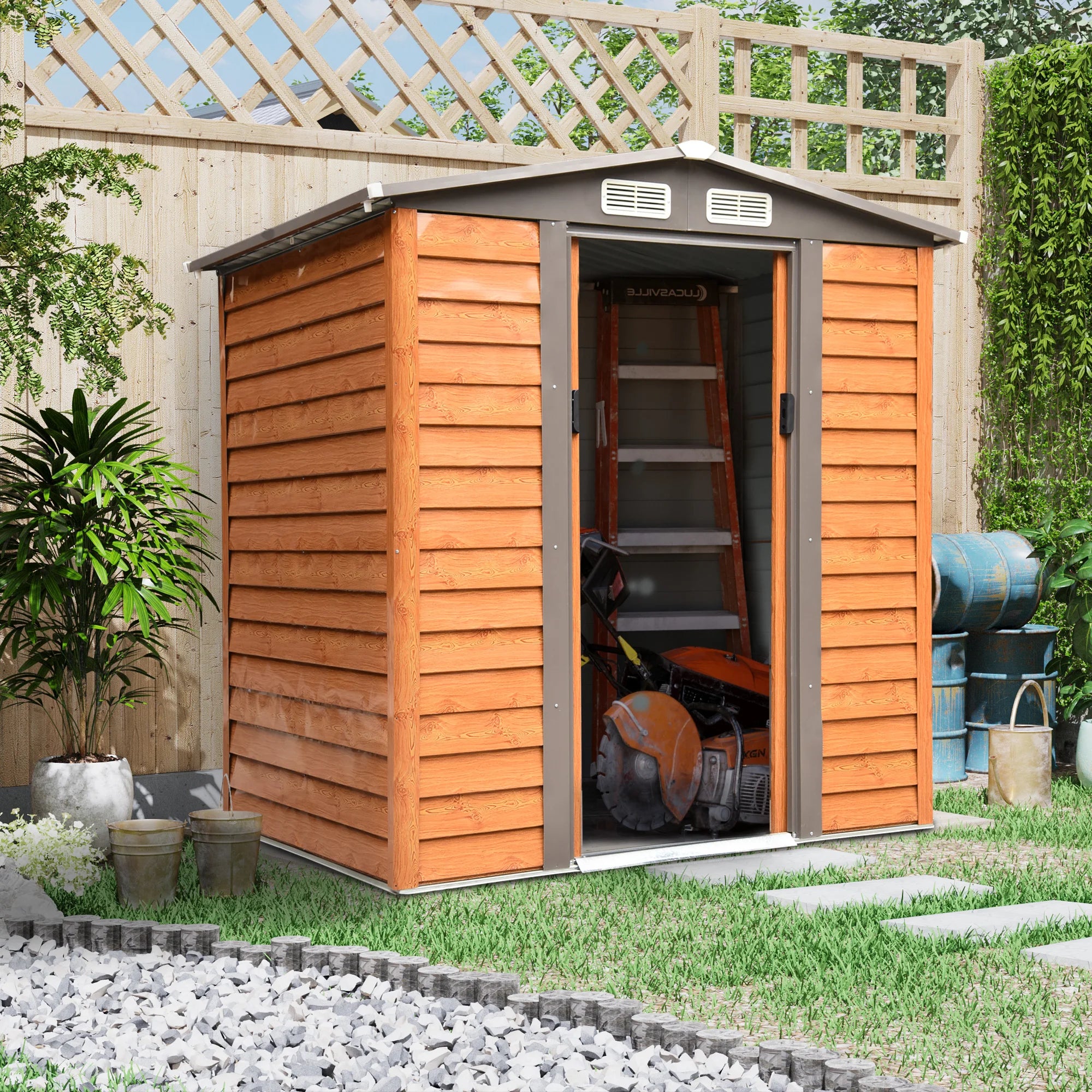 6.5 x 5ft Metal Garden Storage Shed with Sliding Lockable Door and Ventilation - Wood Grain Finish