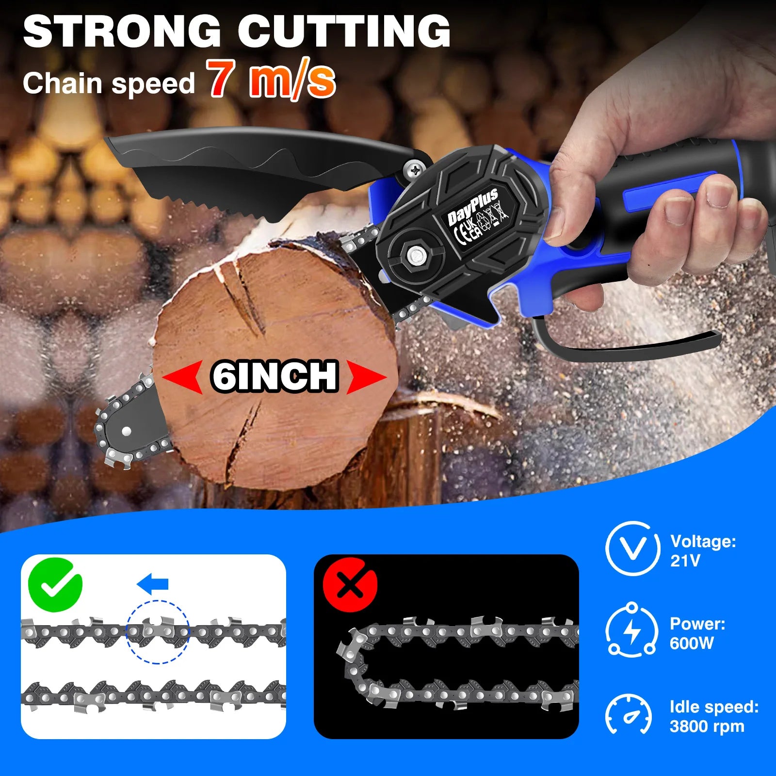6 Inch Cordless Mini Chainsaw 2200W Brushless Motor 21V Lithium Battery for Garden Pruning Wood Cutting