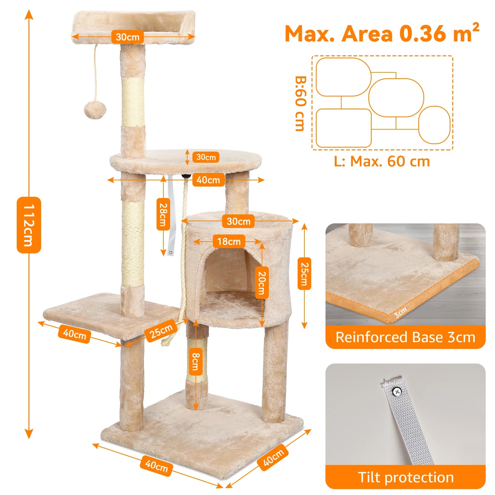 Passerscat Multi-Level Cat Tree 112cm Climbing Frame Scratching Posts Padded Perches Condo Indoor