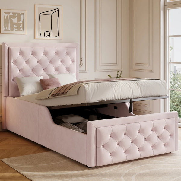 Upholstered Single Bed 3FT 90 x 190cm, Children's Hydraulic Storage Bed with Headboard, Pink Velvet