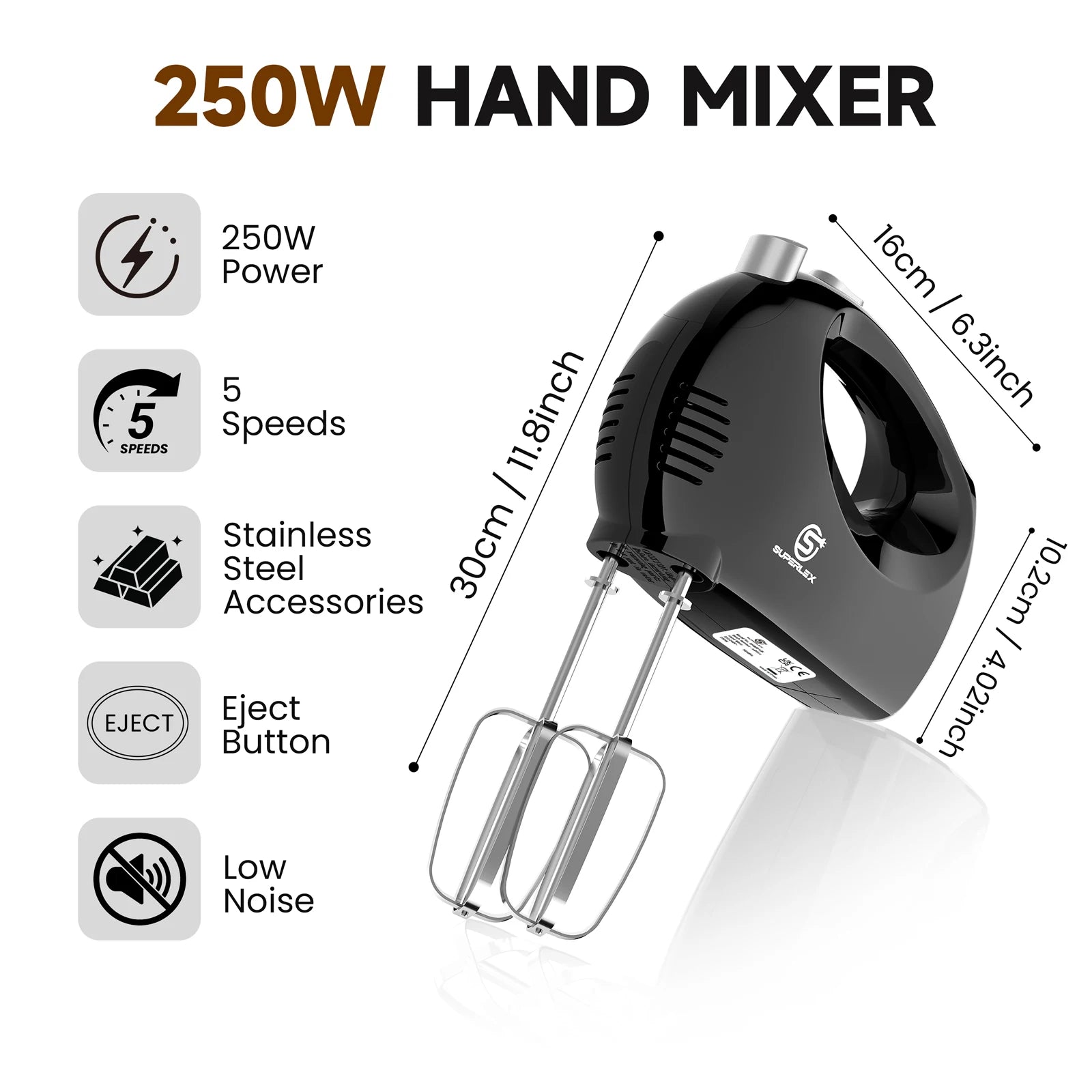 250W Handheld Electric Egg Beater 5 Speed Hand Mixer with Whisk and Dough Hook for Baking Cream and Cake Batter