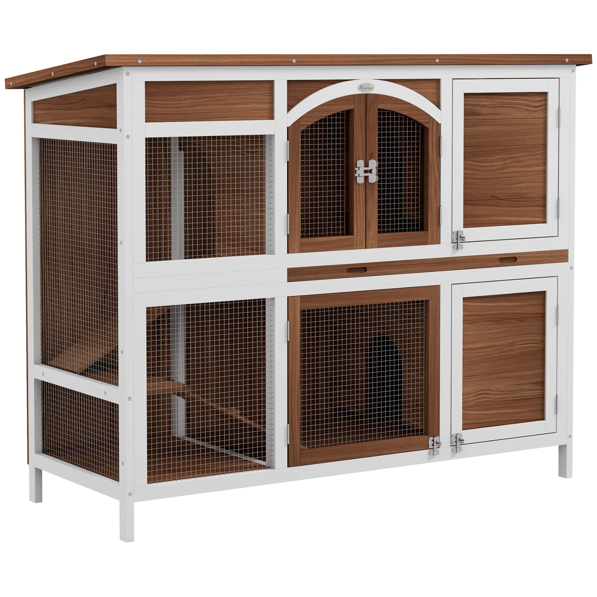 Two Tier Wooden Rabbit Hutch with Openable Roof Slide-Out Tray Two Ramps and Lockable Doors for 2 Rabbits
