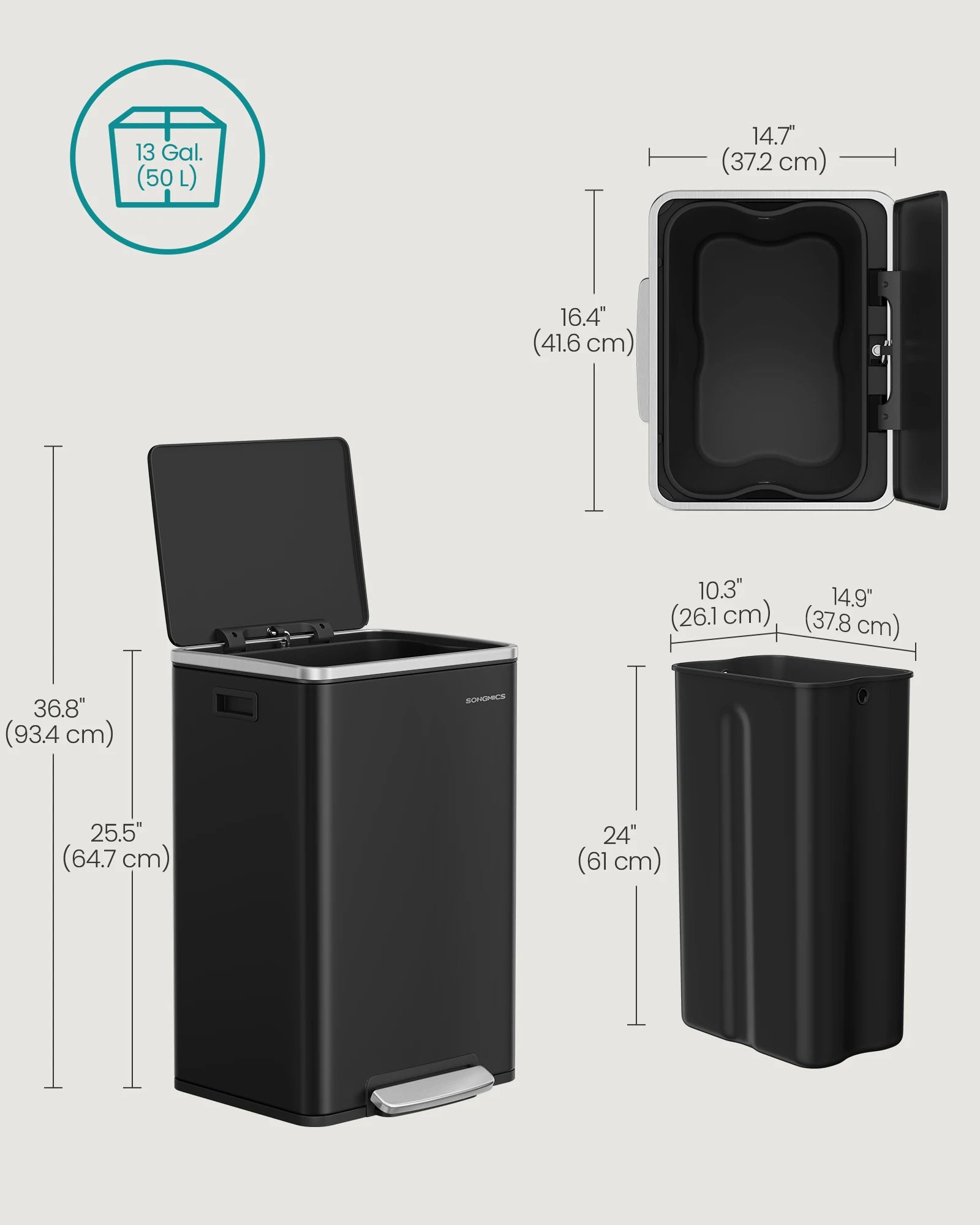 50L Stainless Steel Kitchen Bin with Lid Pedal and Inner Bucket Waste Bin with Bin Bags