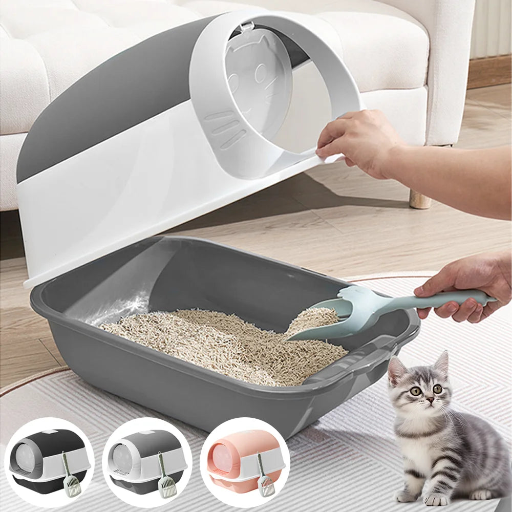 Large Hooded Cat Litter Box 50x35x36cm Semi-Closed Self Cleaning Potty Tray with Scoop