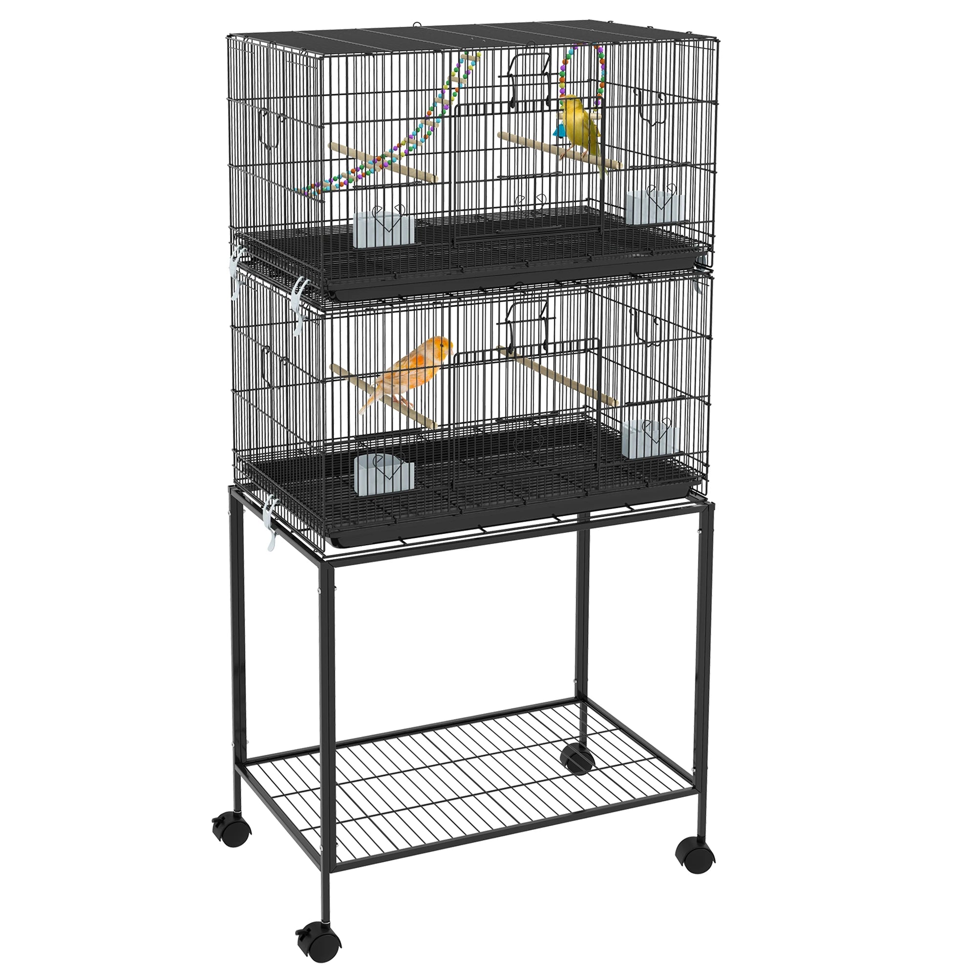 Two Tier Bird Cage on Wheels with Stand Perches Swings Ladder and Storage Shelf for Canaries Budgies and Small Birds