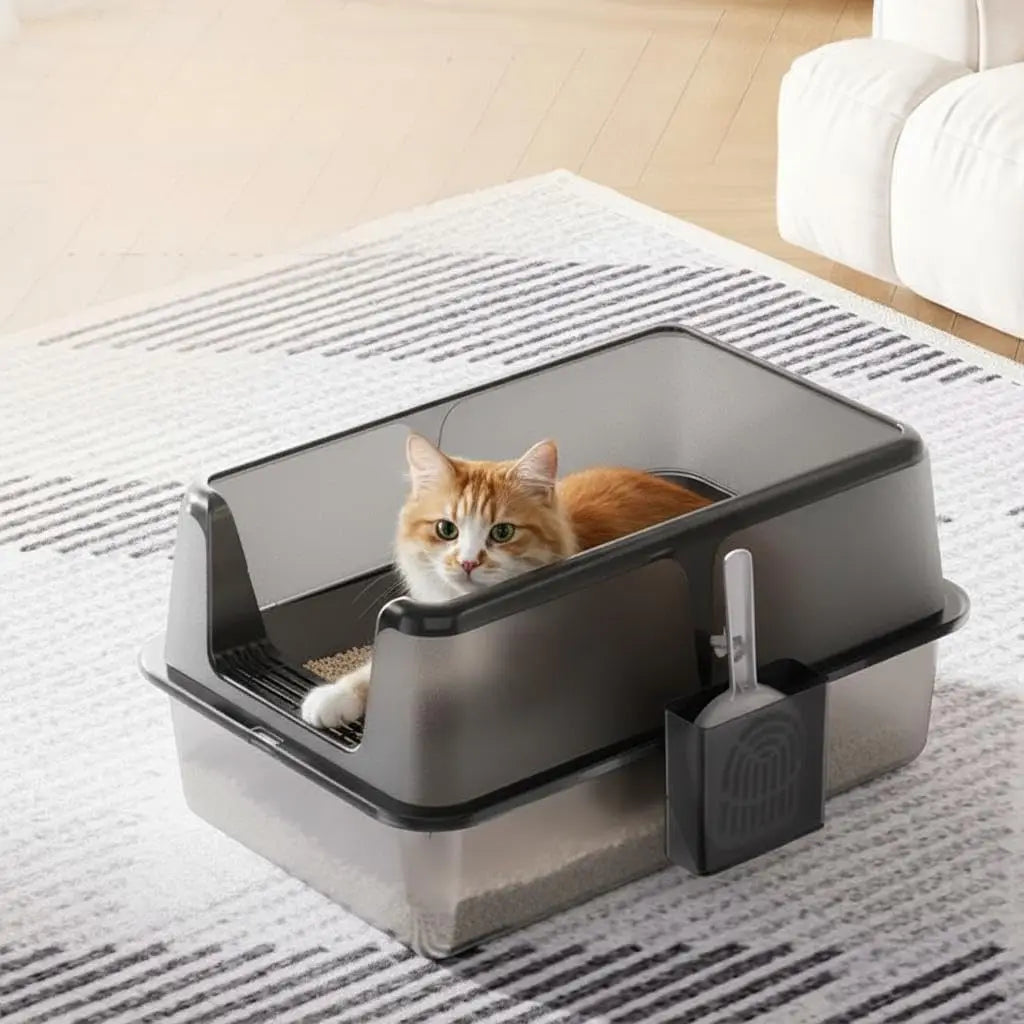 Stainless Steel Enclosed Cat Litter Pan 8 Inch Deep Non-Stick Metal Odor Control Splash Proof