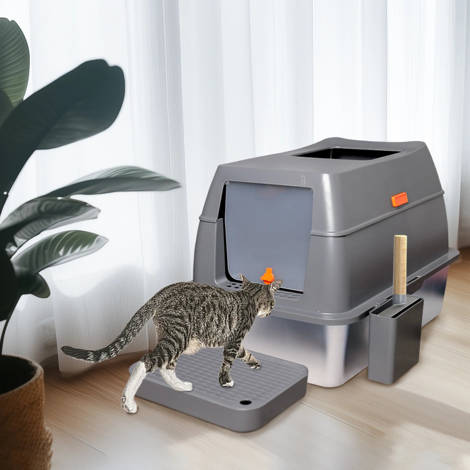 Extra Large Enclosed Stainless Steel Cat Litter Box 40x60x40.5cm Front Top Entry Lid Scoop Durable