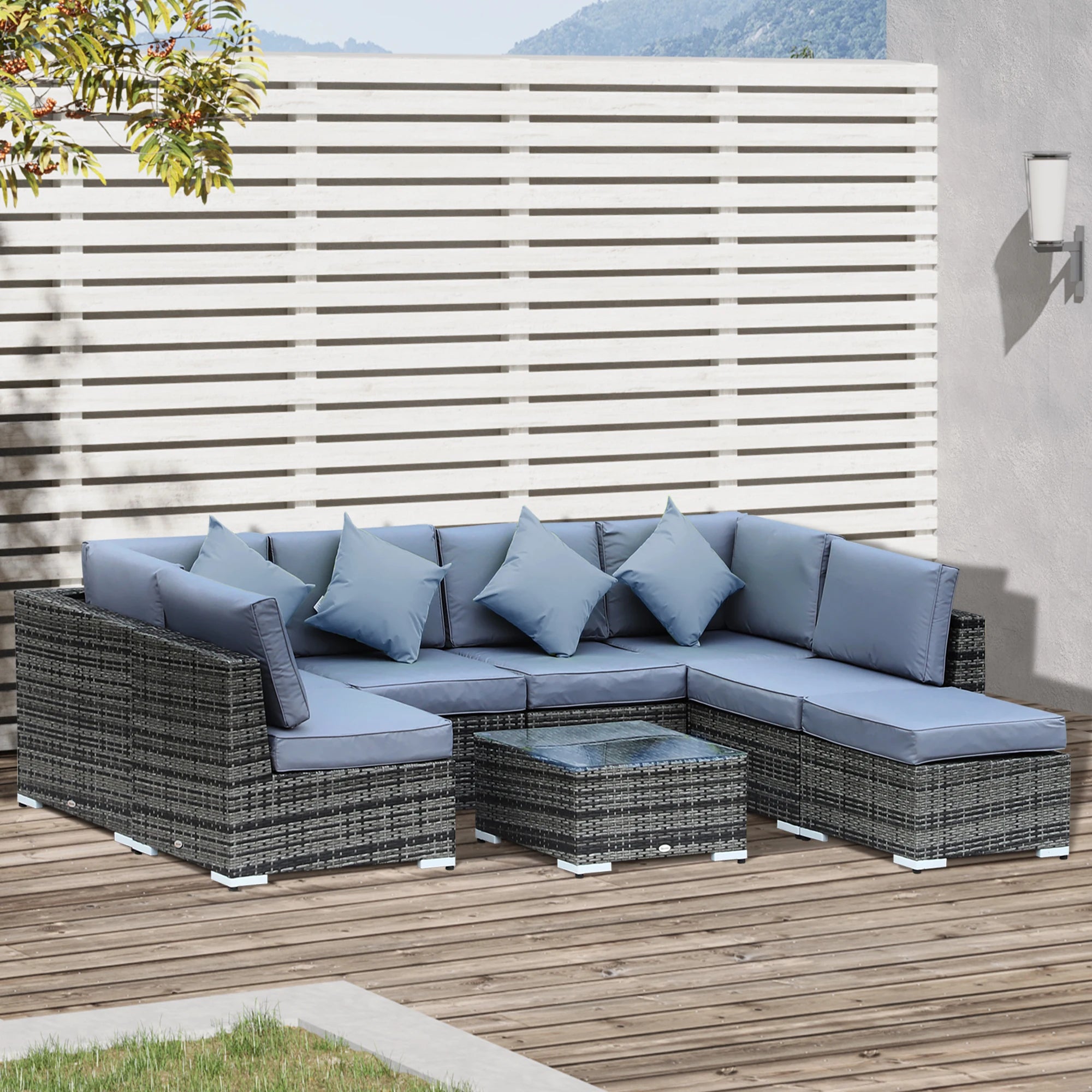 8 Piece Rattan Corner Sofa Set with Cushions Glass Top Coffee Table and Footstool for Garden Patio Outdoor Use