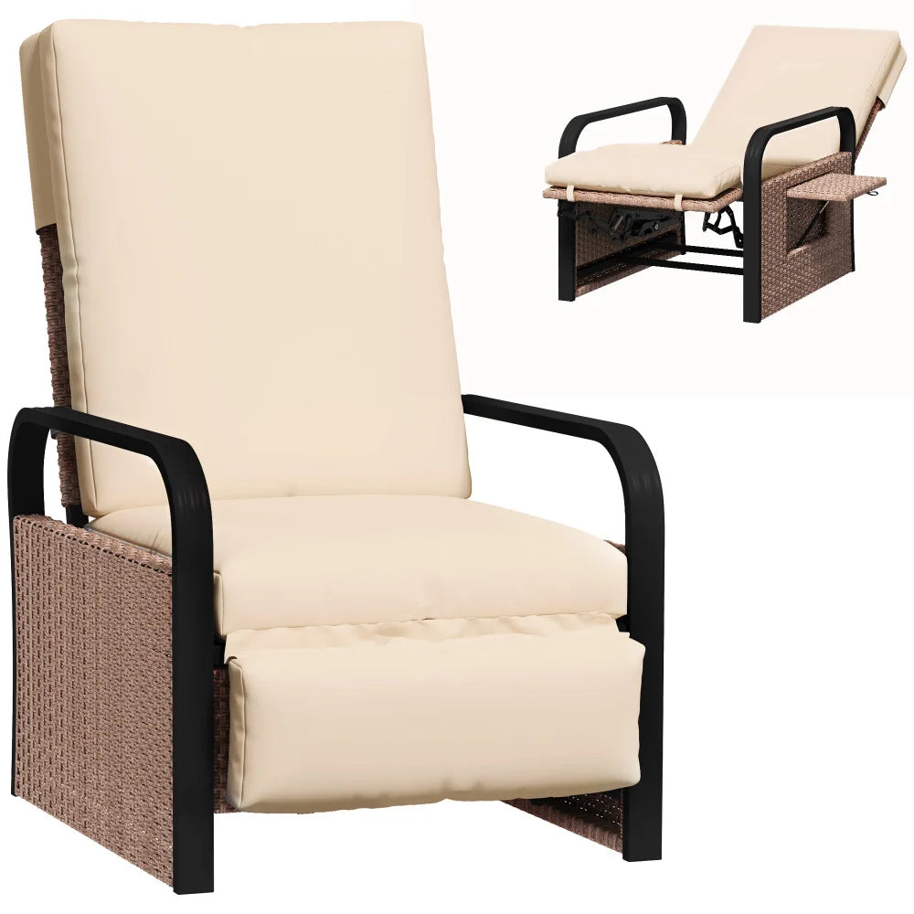 Reclining Rattan Armchair 140° with Footrest Side Table Cushion 120kg for Garden Pool Beach Patio Brown Khaki