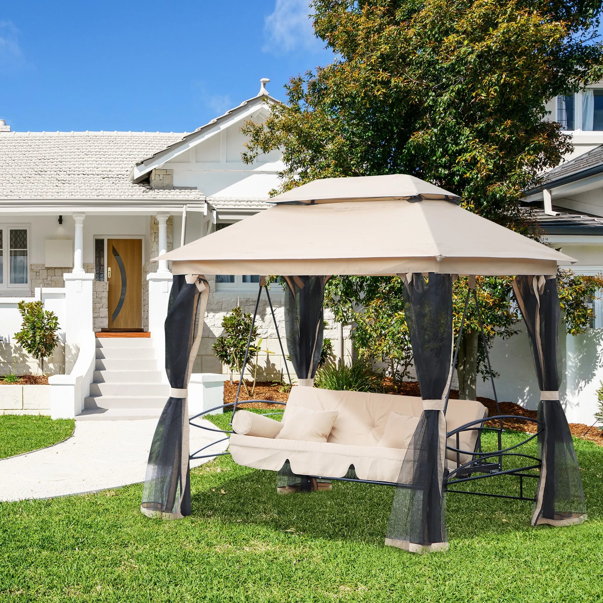3-in-1 Garden Swing Chair Bed Gazebo with Double Tier Canopy, Mesh Curtains and Cushions