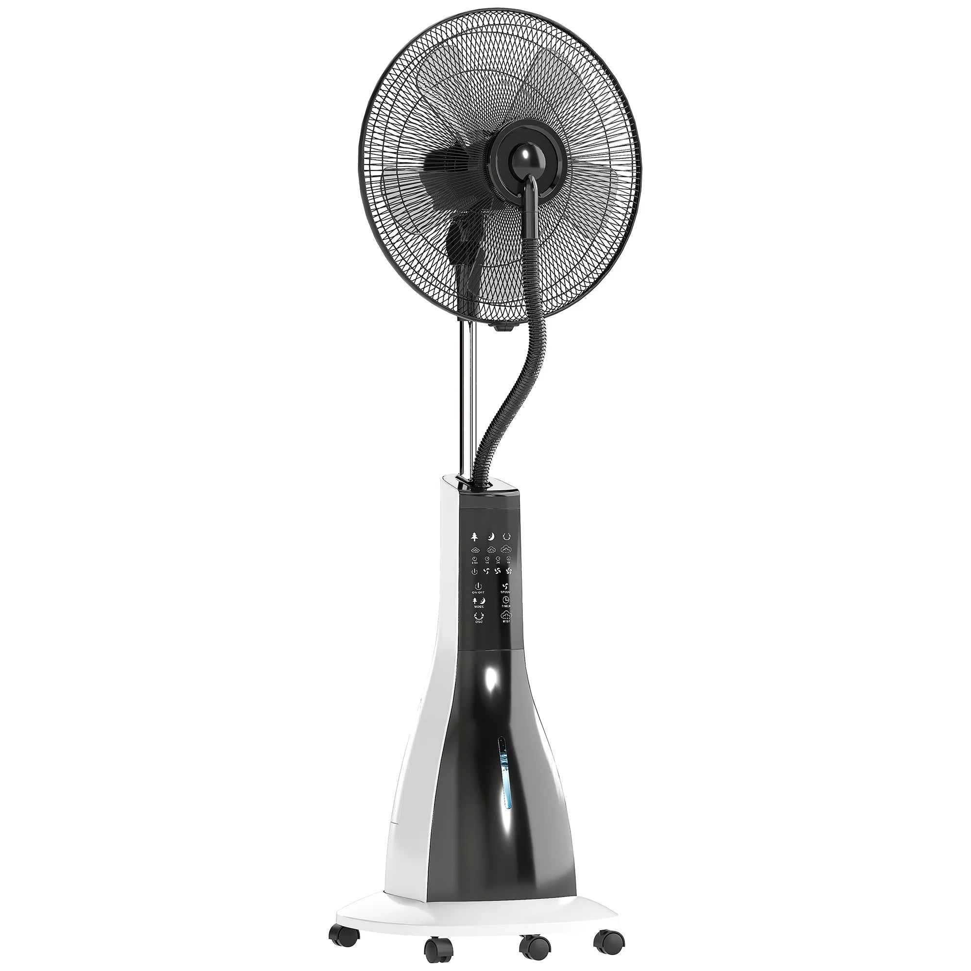 Spray Misting Pedestal Fan 90W Ultrasonic Atomization 3 Speeds 75° Oscillation Remote Control Timer Wheels