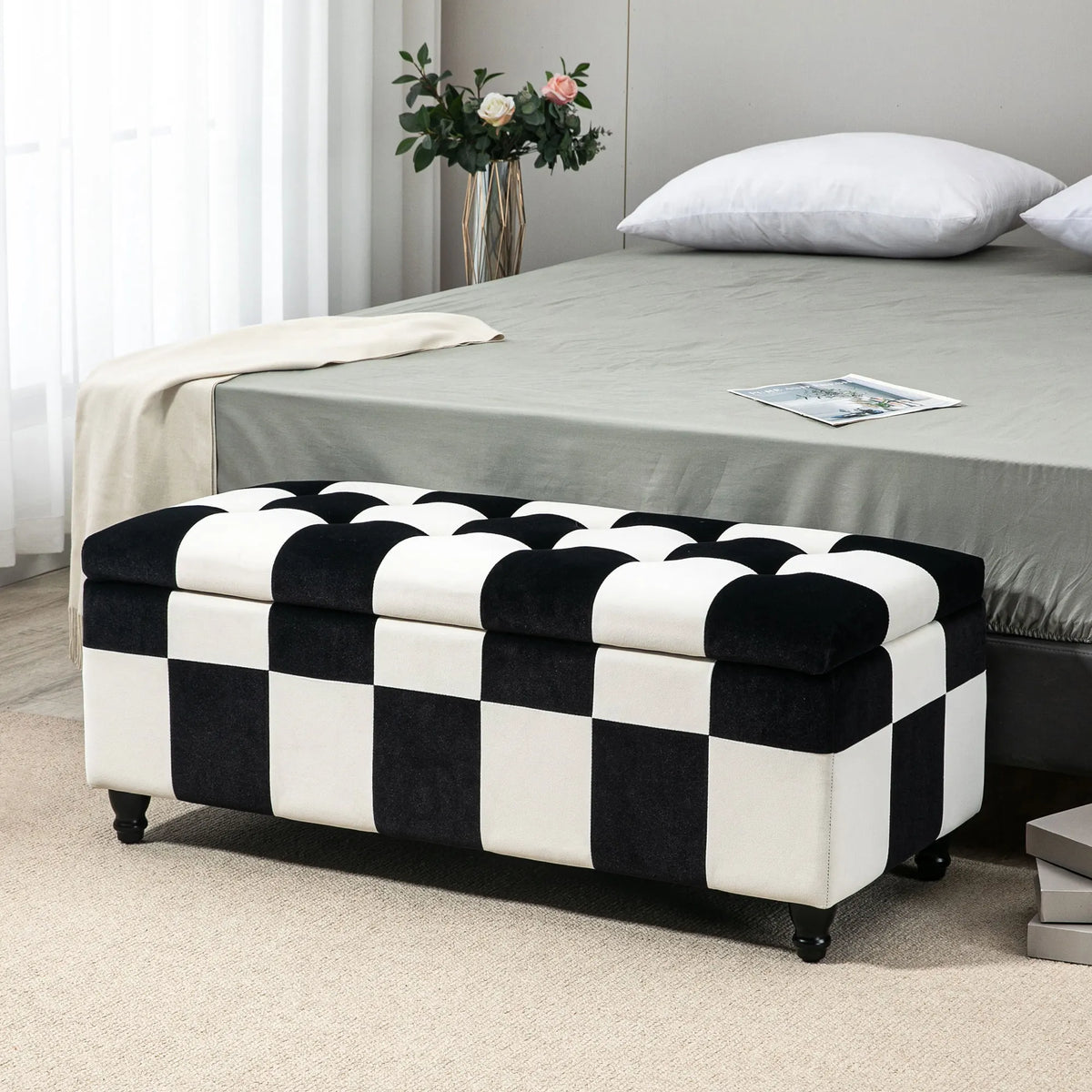 114 x 47 x 47cm Velvet Storage Ottoman, Button-Tufted Footstool Box