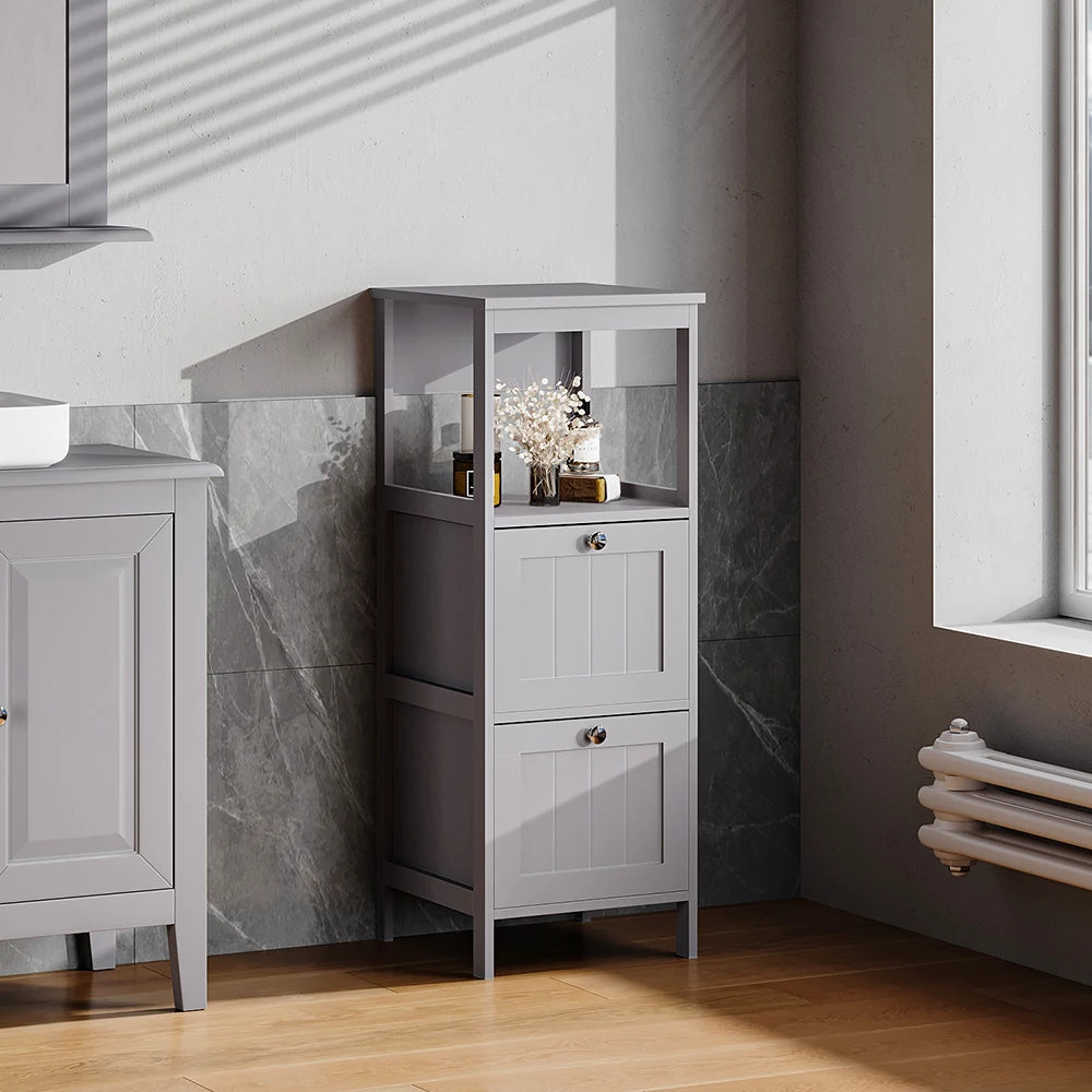 Compact White Wooden Bathroom Cabinet with 2 Drawers and Shelf | Slim Storage Unit for Bathroom Bedroom Living Room
