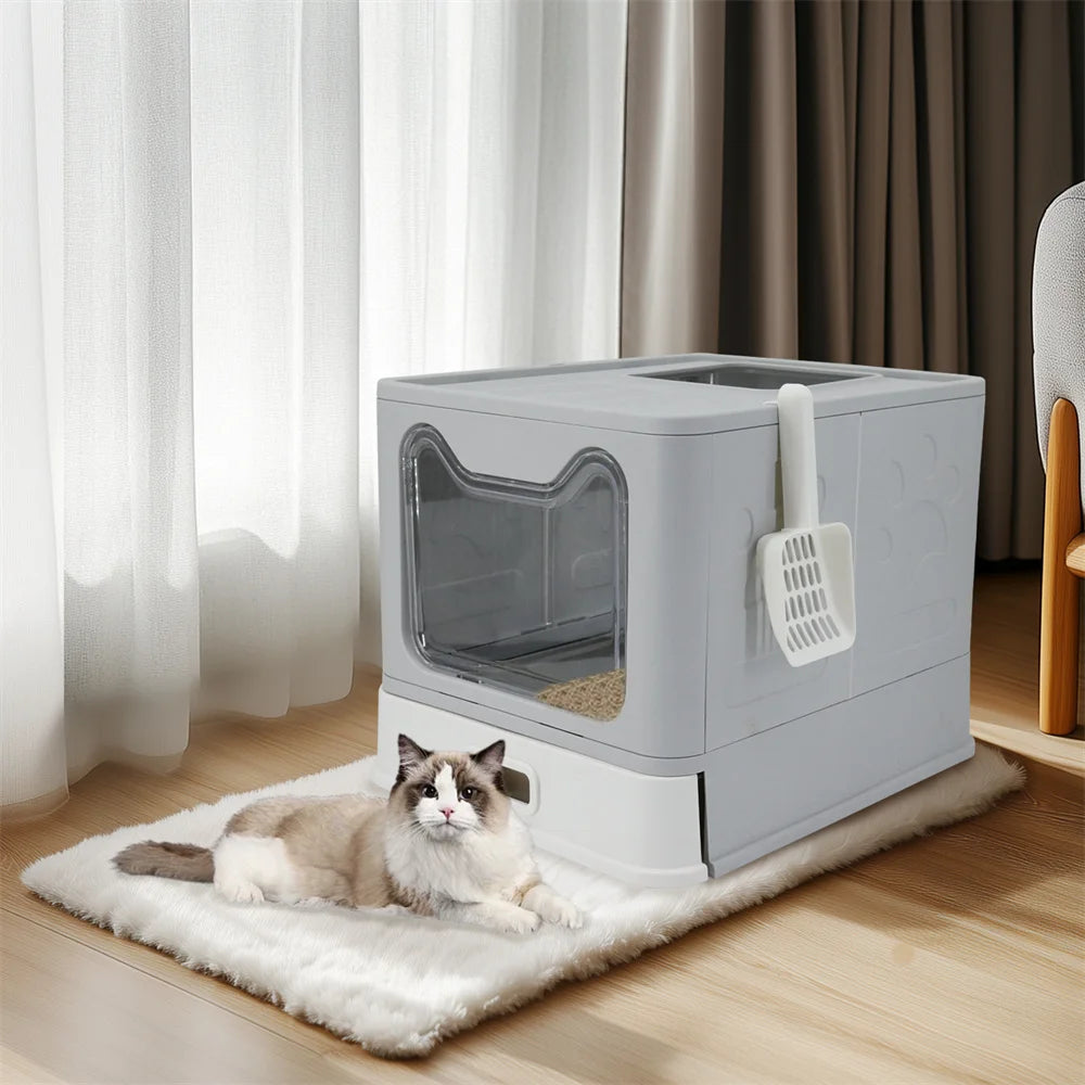 Enclosed Cat Litter Box for Kittens, Top Entry Tray with Steel Drawer
