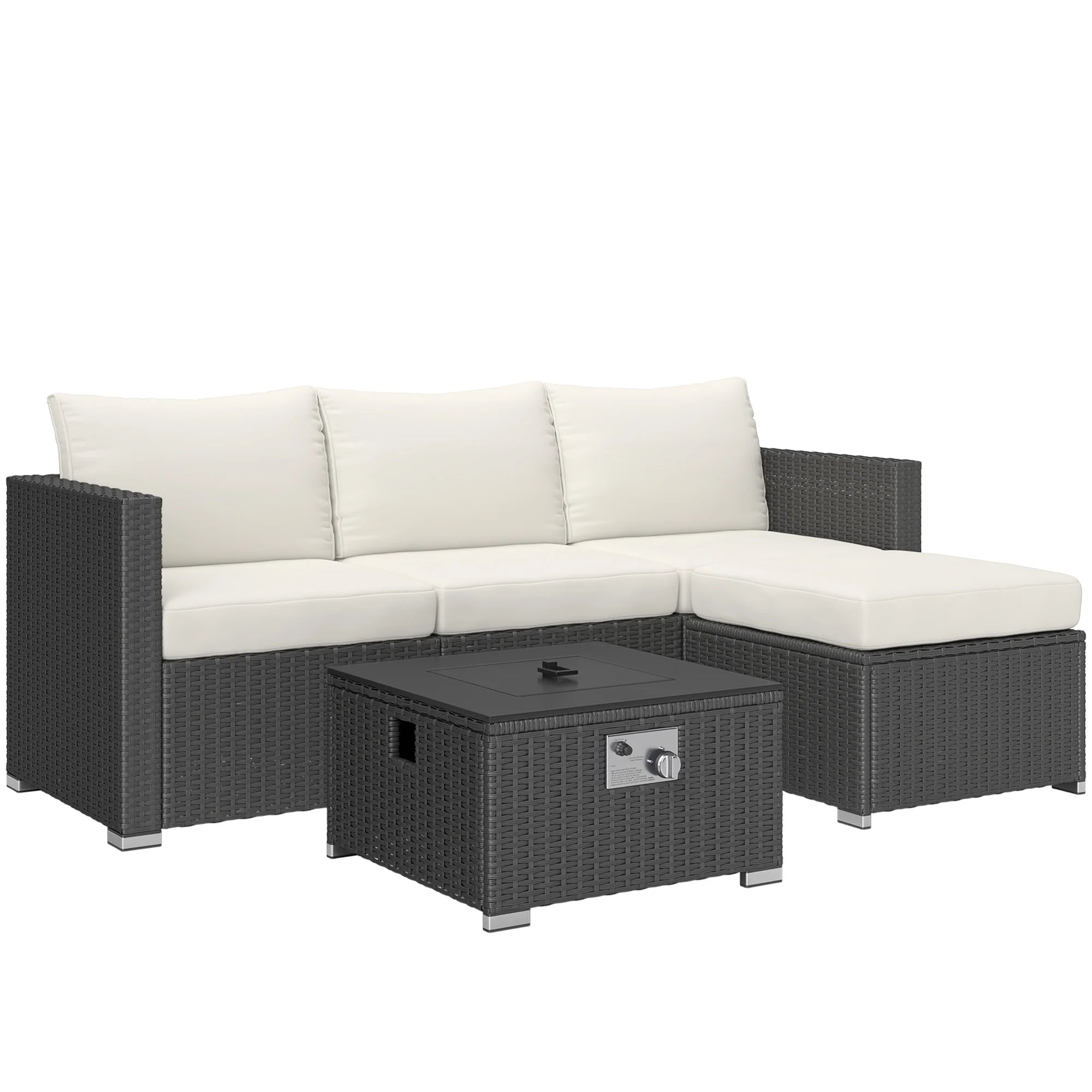 5-Piece Rattan Garden Sofa Set with Fire Pit Coffee Table, Footstool and Thick Cushions
