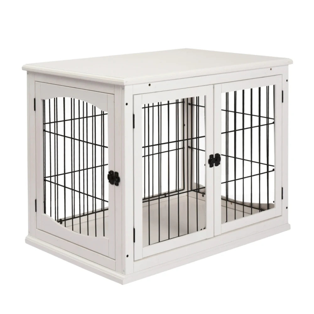 Dog Crate Furniture Puppy End Table 81x58.5x66cm White with 2 Doors for Medium Small Dogs