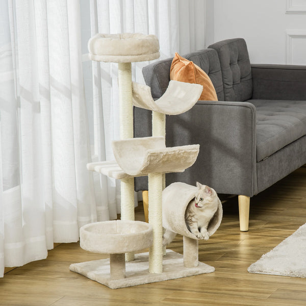 Cat Tree for Indoor Cats with Scratching Post, Perch & Tunnel, Beige