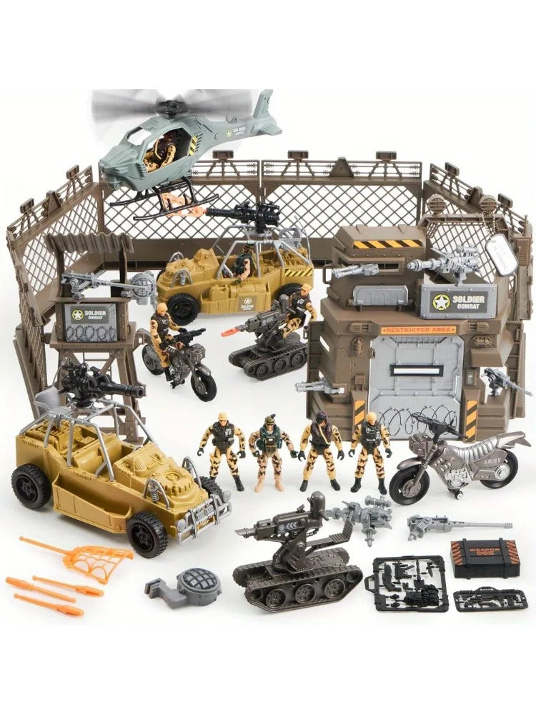 Military Base Toys Set with Army Vehicles Action Figures Helicopter Tank Truck and Weapon Gear for Boys