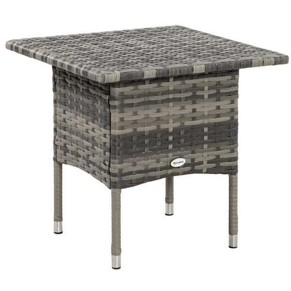 Rattan Side Table, Outdoor Coffee Table with Plastic Board Under the Full Woven Table Top, Mixed Grey