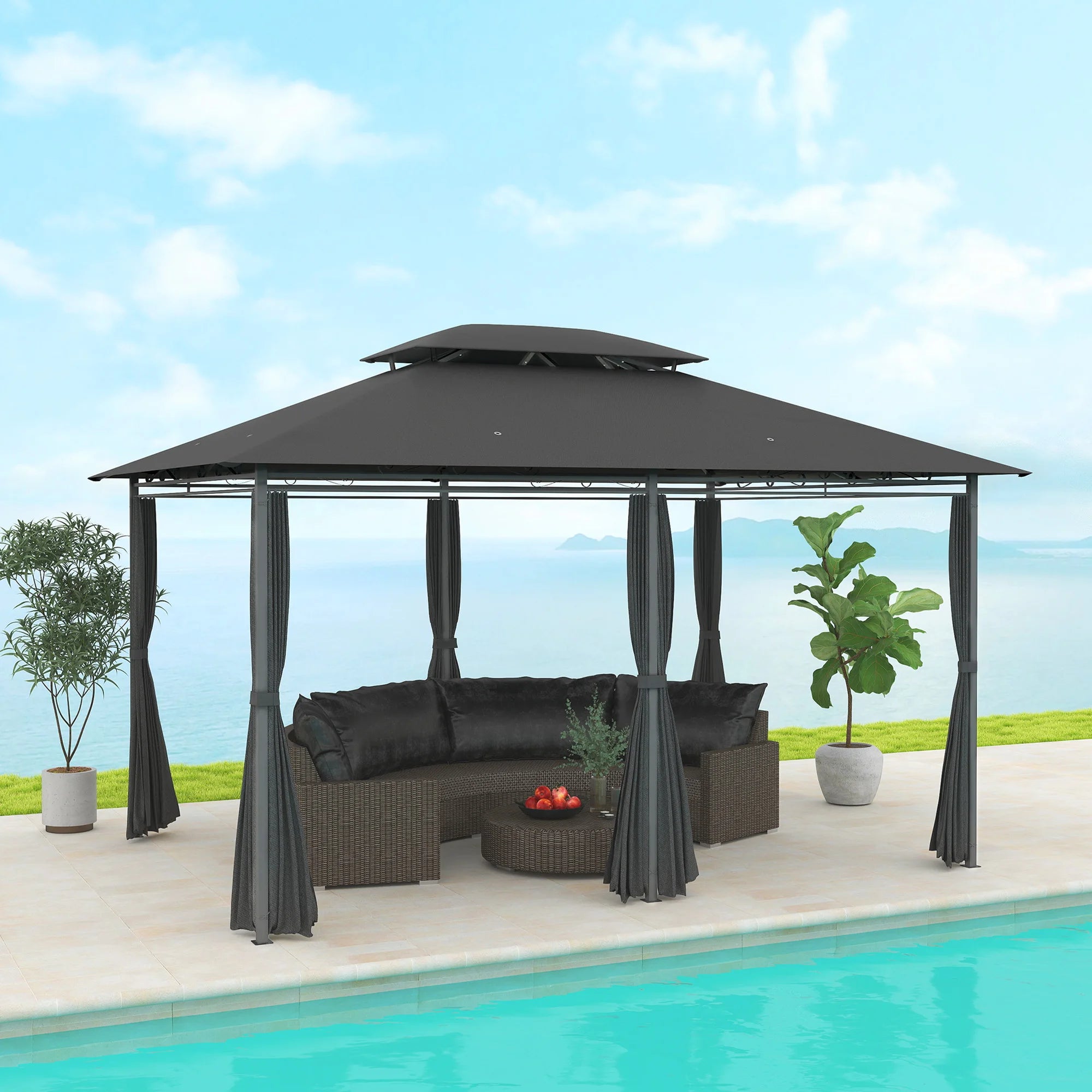 4 x 3m Garden Gazebo with Double Roof, UV-Resistant Curtains, Drainage Holes and Steel Frame