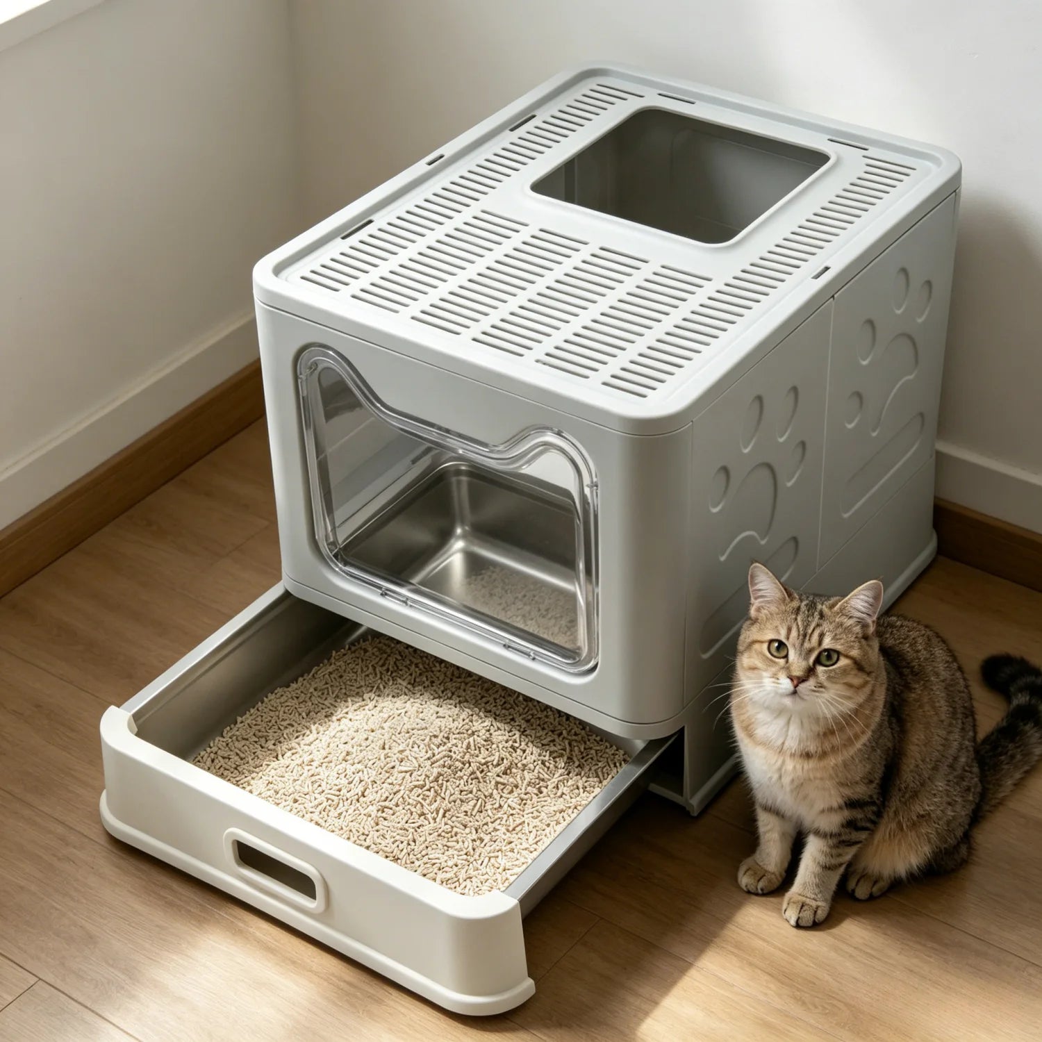 Large Stainless Steel Cat Litter Box 38.3x48.5x38.5cm Front Entry Top Exit with Lid Scoop for Kittens