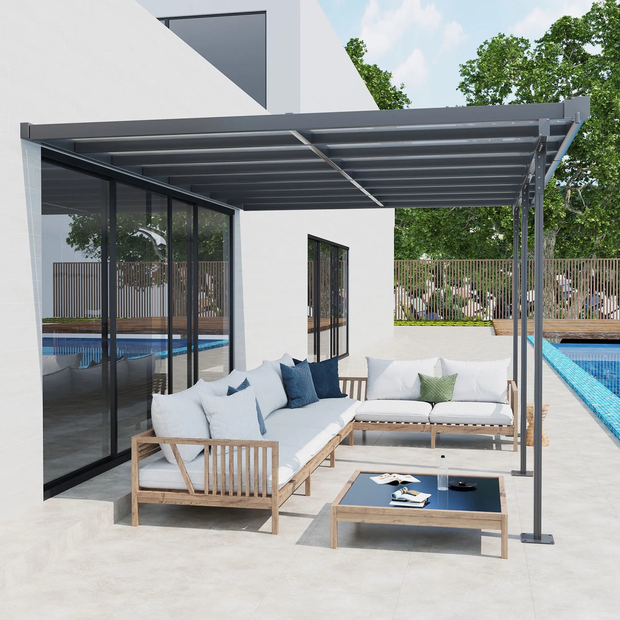 4.35 x 3m Wall-Mounted Aluminium Pergola with Polycarbonate Roof, Adjustable Columns and Drainage