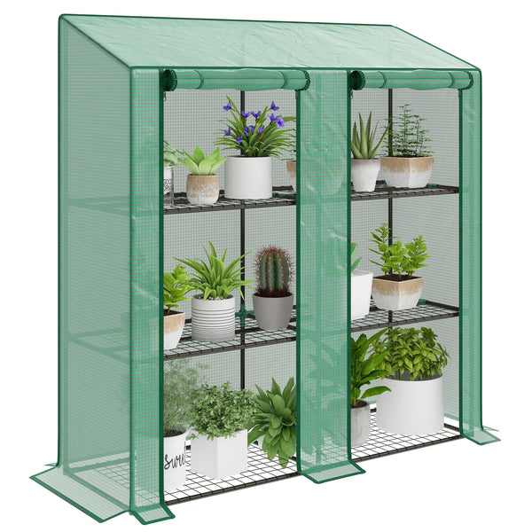 3 Tier Lean-to Mini Greenhouse with Reinforced Plastic Cover, Portable Indoor Outdoor Green House with 2 Roll-up Doors