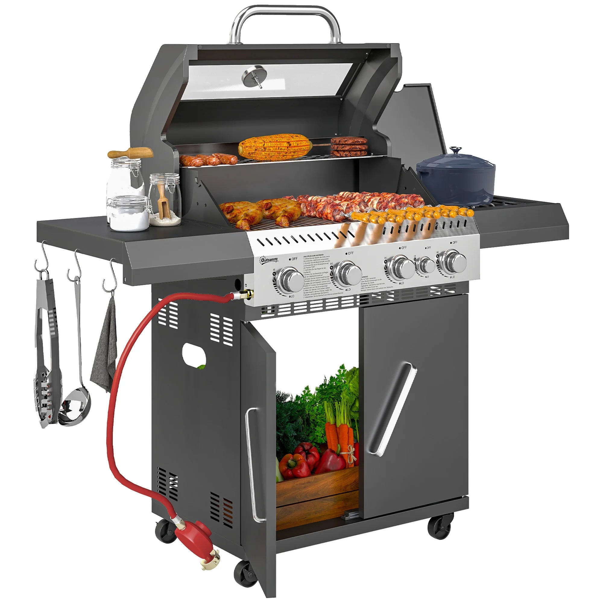 4+1 Burner Gas BBQ Grill 2788cm² Clear Lid Thermometer Side Burner Storage Cabinet 4 Wheels for Garden Patio