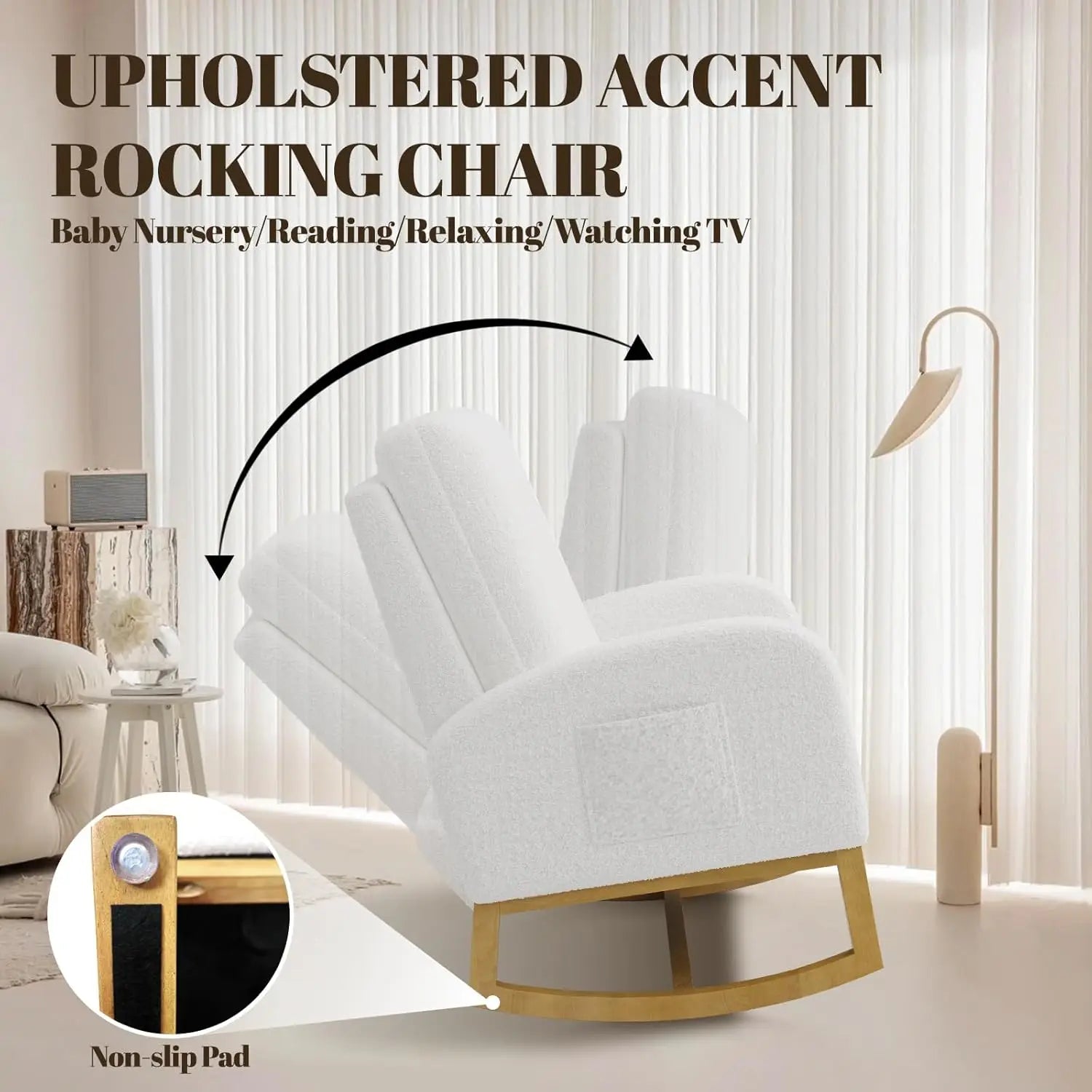 Oversized Faux Lambskin Rocking Chair with High Backrest and Side Pockets | Glider Armchair for Nursery Living Room