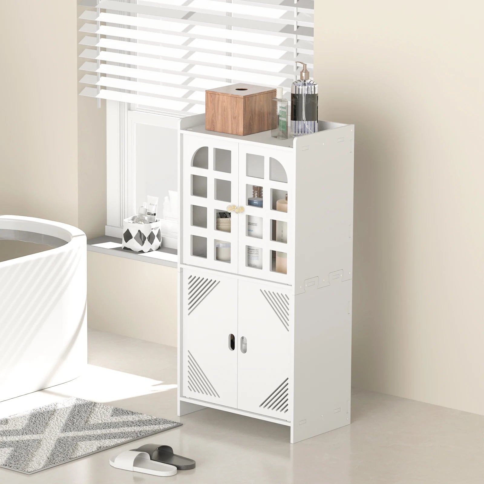 3-Tier White Bathroom Floor Cabinet with Door | 75x22x36cm Waterproof Freestanding Storage Unit for Bathroom Kitchen