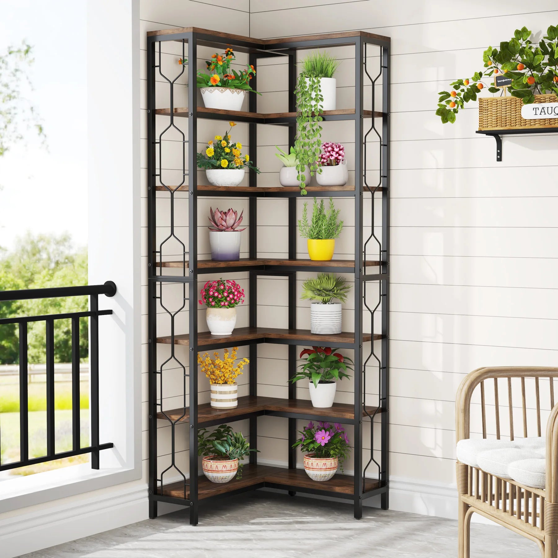 7-Tier Industrial Corner Bookshelf 200cm | Wood and Black Metal Etagere Corner Display Shelf