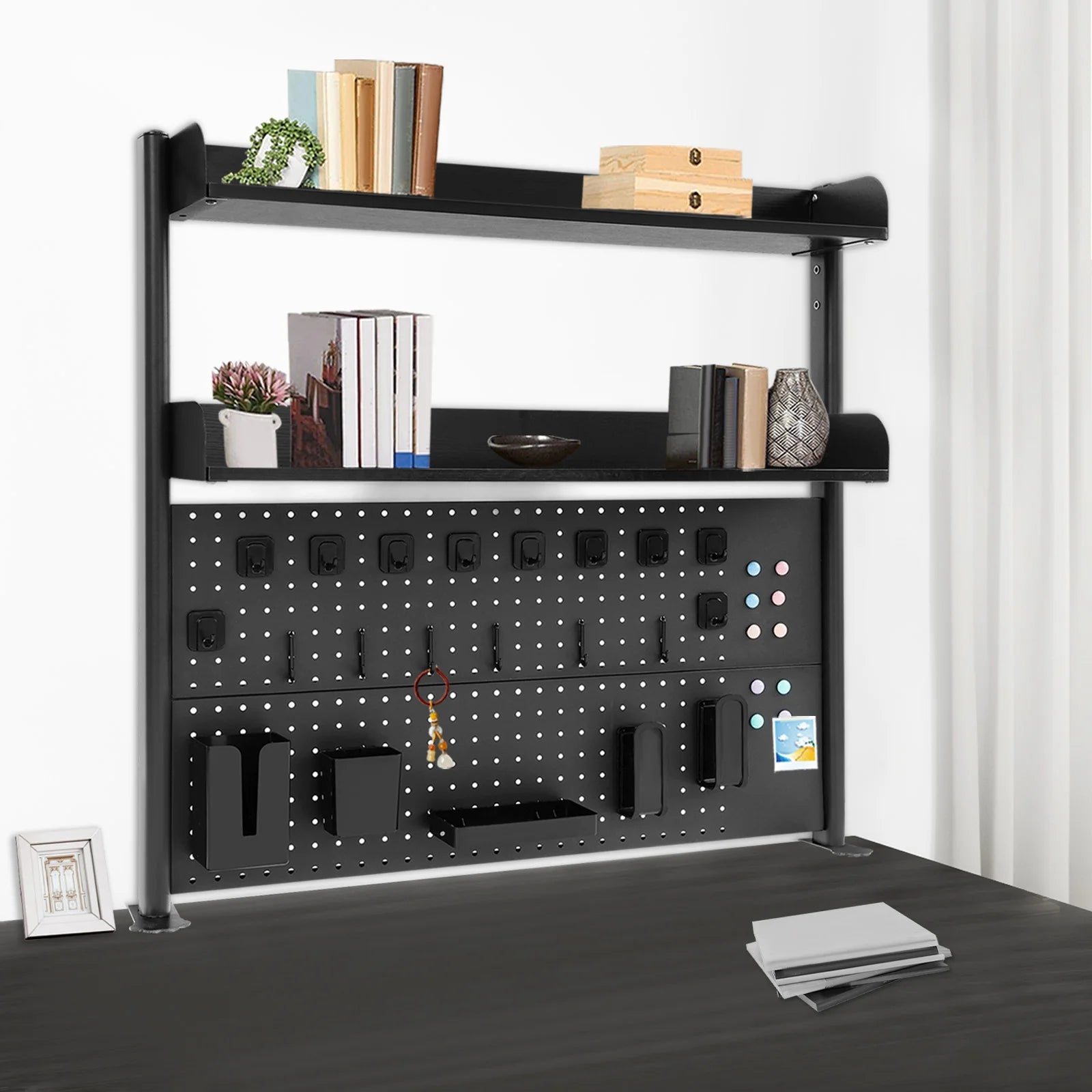 2-Tier Clip-On Desktop Bookshelf Organiser with Pegboard Back | Countertop Shelf for Books and Stationery