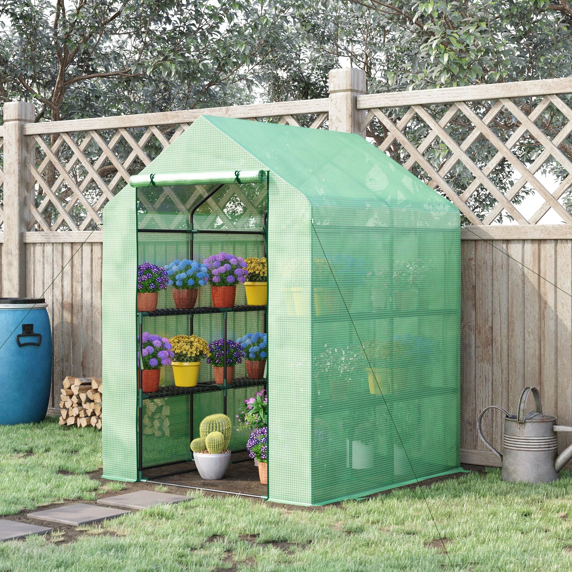 2-Tier Walk-In Greenhouse with Multi-Shelf Storage, Large Zipped Door and 140gsm PE Cover