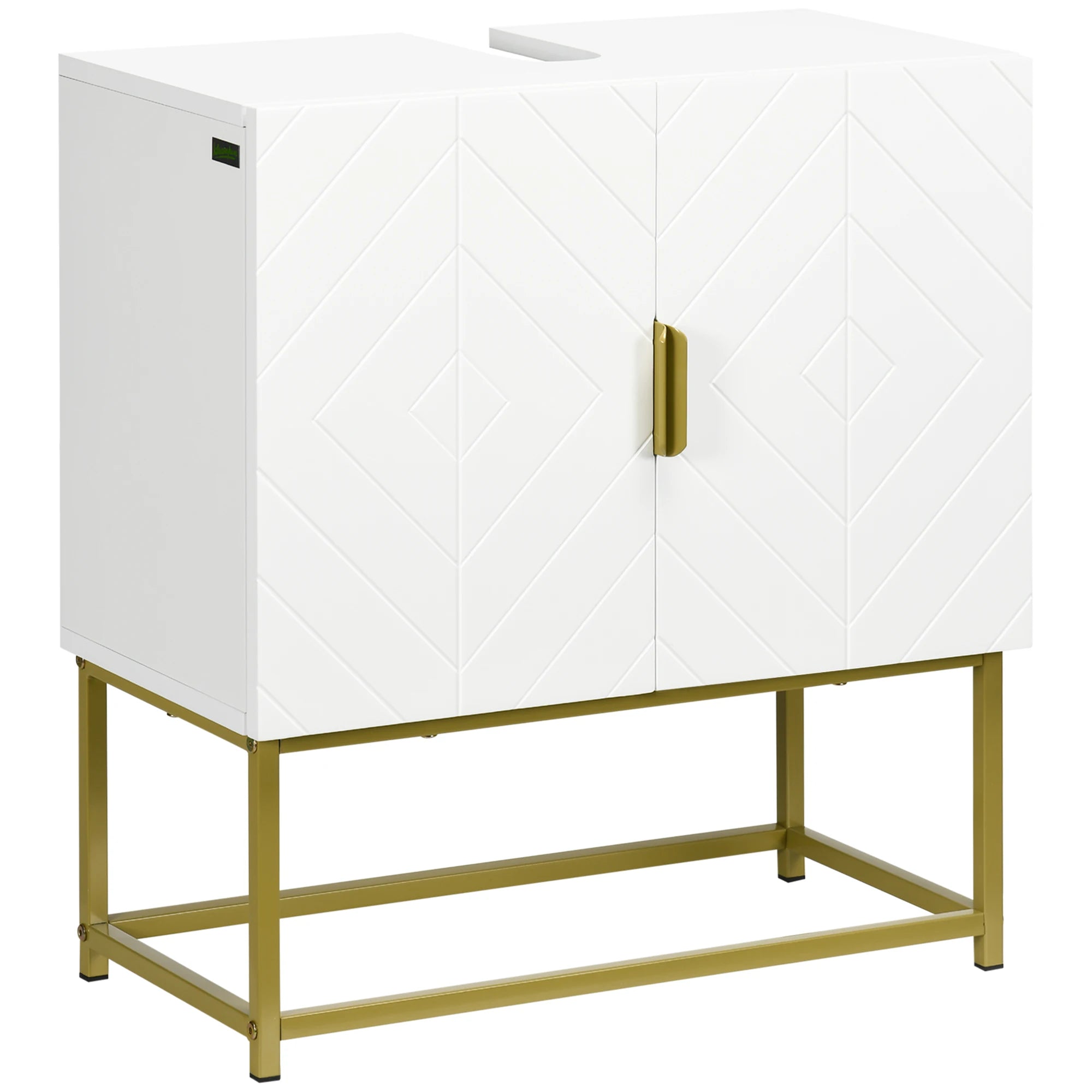 White Under Sink Bathroom Cabinet with Gold Detail | 60x30x65cm Wooden Basin Cupboard with 2 Doors