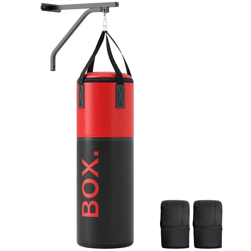 Unfilled Punching Bag Set with Wall Bracket Boxing Gloves Hand Wraps 360° Swivel Hook 90cm for Home Training