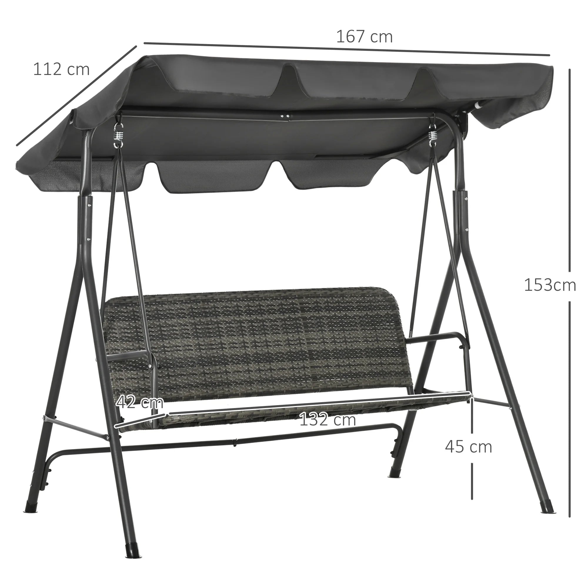 3-Seater PE Rattan Garden Swing Chair with Adjustable Canopy, Steel Frame Stand and Anti-Slip Feet